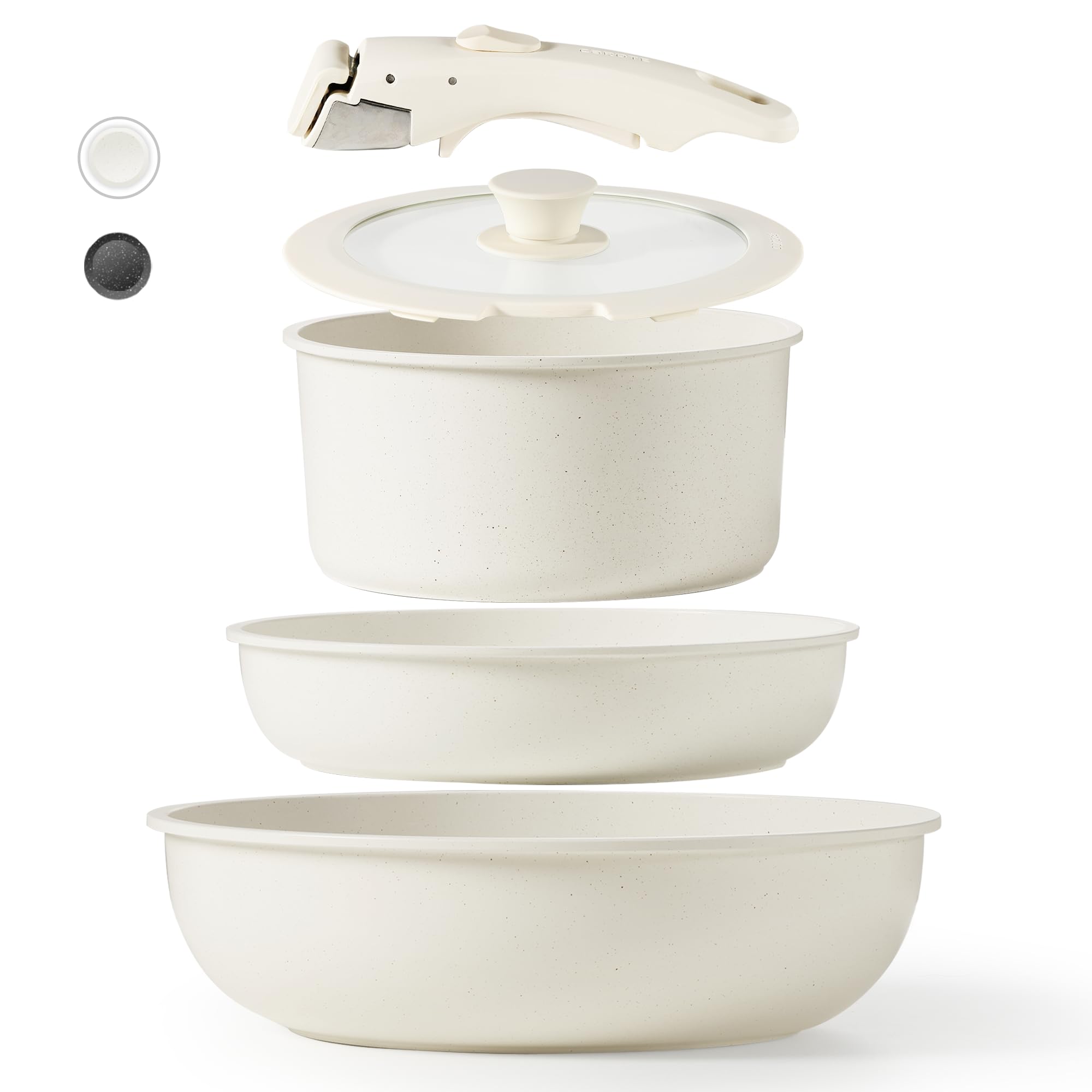 CAROTE Nonstick Cookware Set - 5-Piece Detachable Handle Pots and Pans Set, Oven Safe & Stackable Kitchen Cookware for RV, Camping, Small Spaces & Everyday Cooking (White)