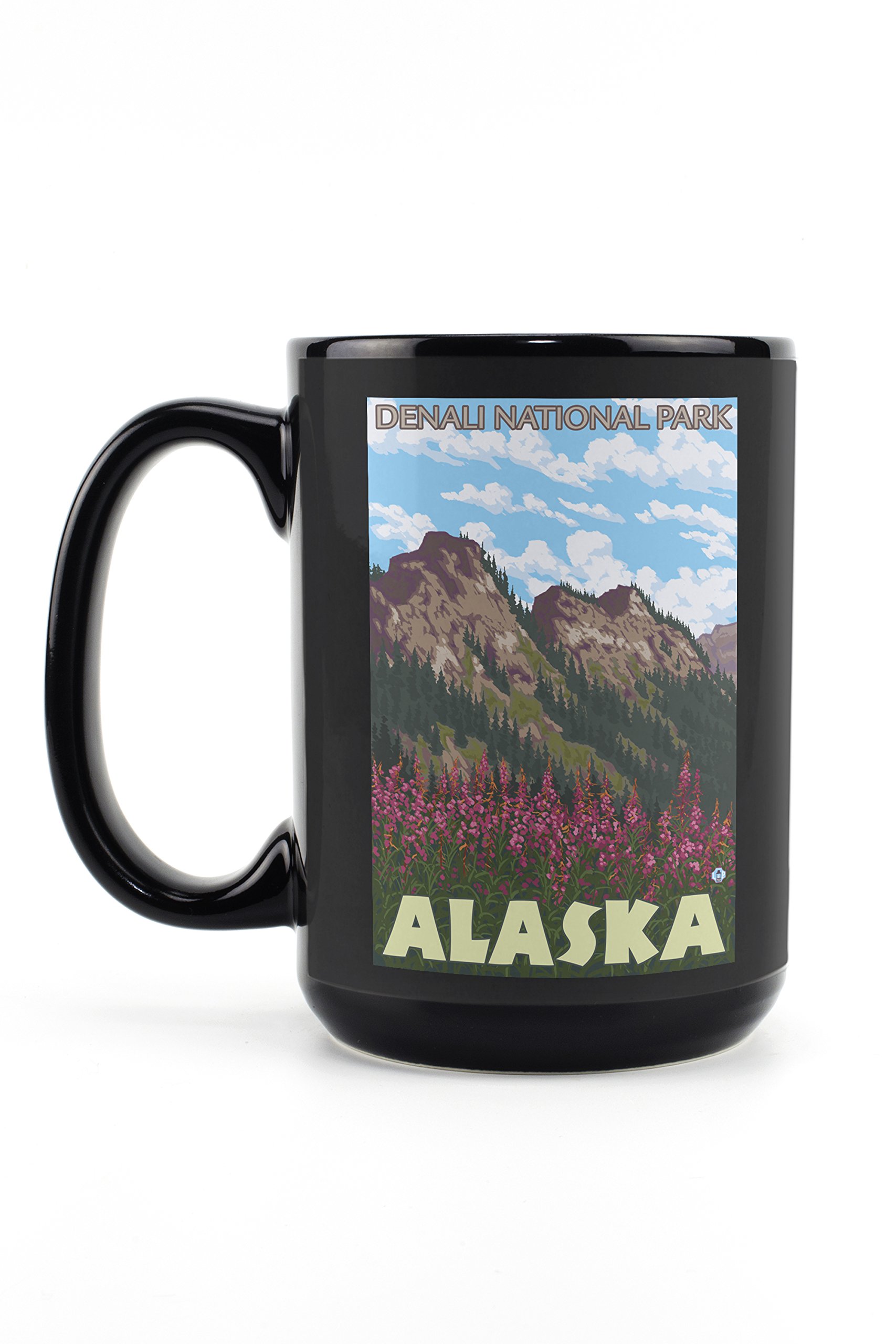 Lantern Press Denali National Park Alaska Fireweed and Mountains 15oz Black Ceramic Coffee Mug - Microwave & Dishwasher Safe - Perfect for Camping, Office Use & Gift Giving