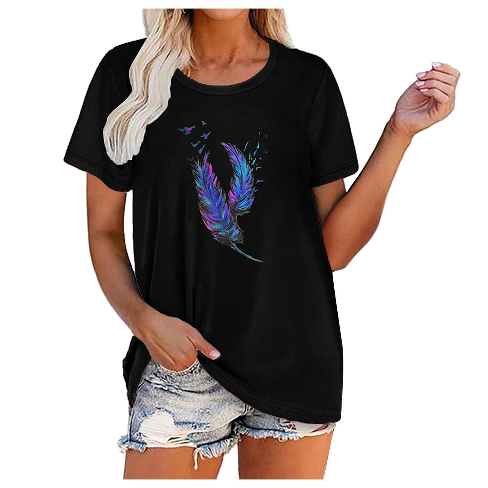 Women's Summer Feather Print Short Sleeve T-Shirt - Loose Fit Casual Graphic Top for Juniors | Beach Outing, Party Wear & Everyday Comfort