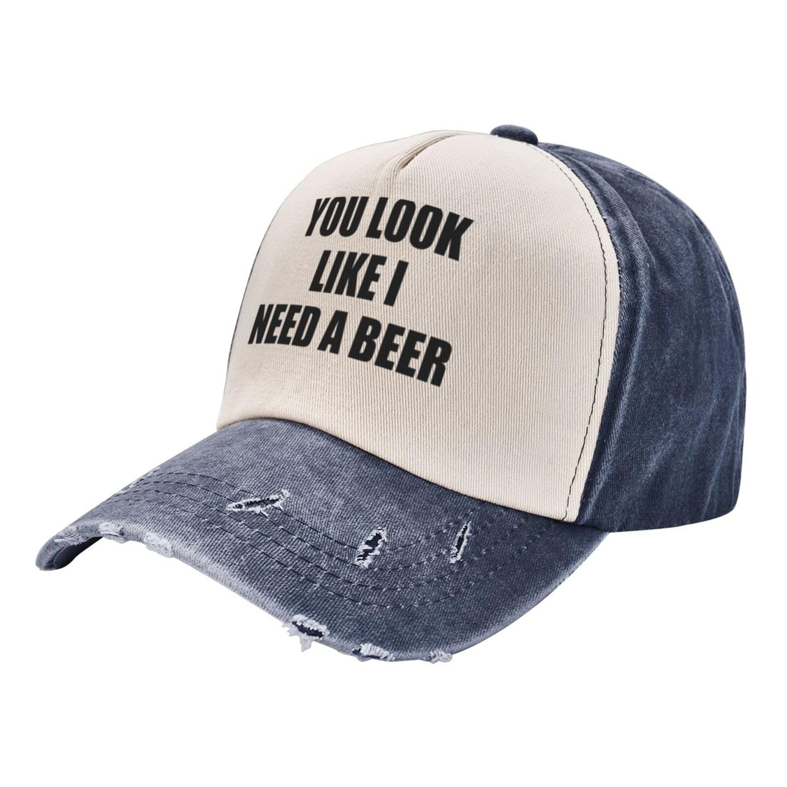 YvoneDBrownn Navy Blue Washed Denim Baseball Cap - Adjustable Dad Hat for Men & Women - Fun 'You Look Like I Need A Beer' Design - Perfect for Outdoor Activities, Sports Events & Casual Wear