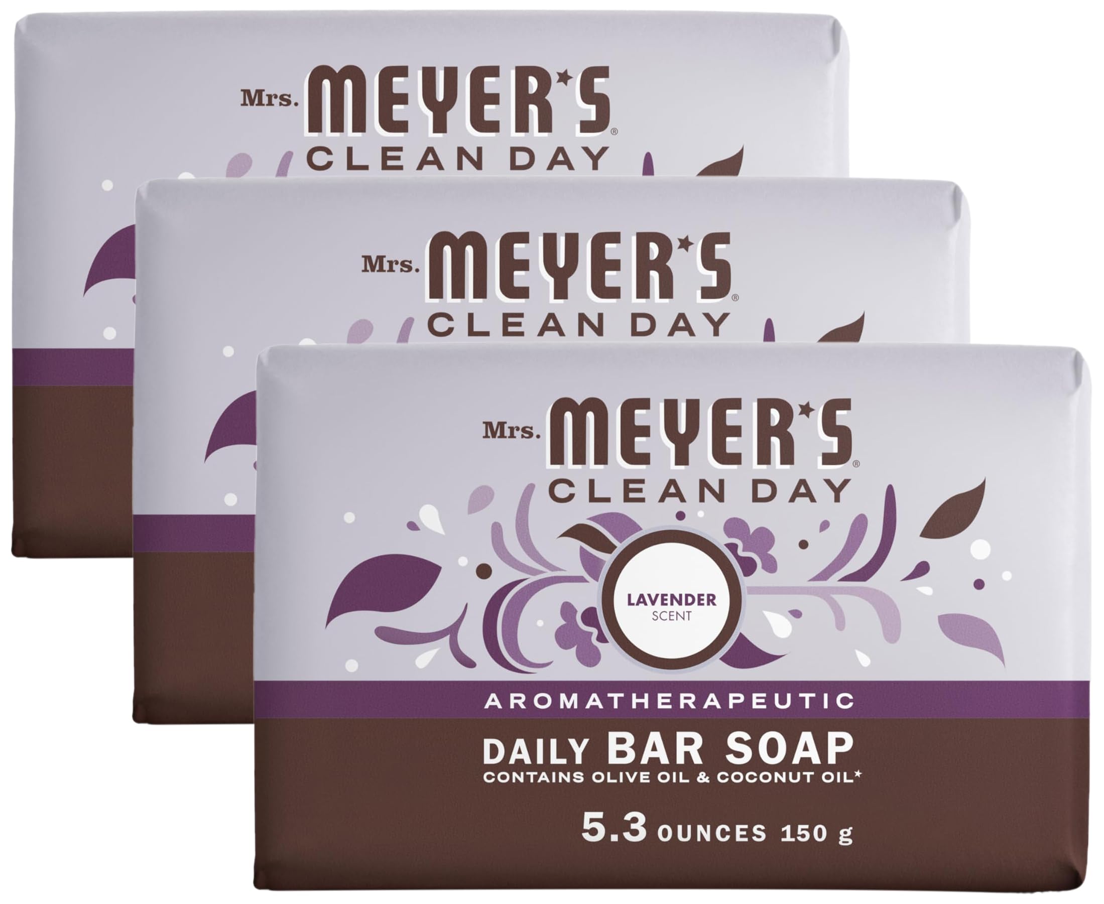 Mrs. Meyer's Lavender Bar Soap - 3 Pack (5.3 oz Each) | Natural Body Wash & Hand Soap with Essential Oils | Perfect for Bathroom, Kitchen & Travel Use