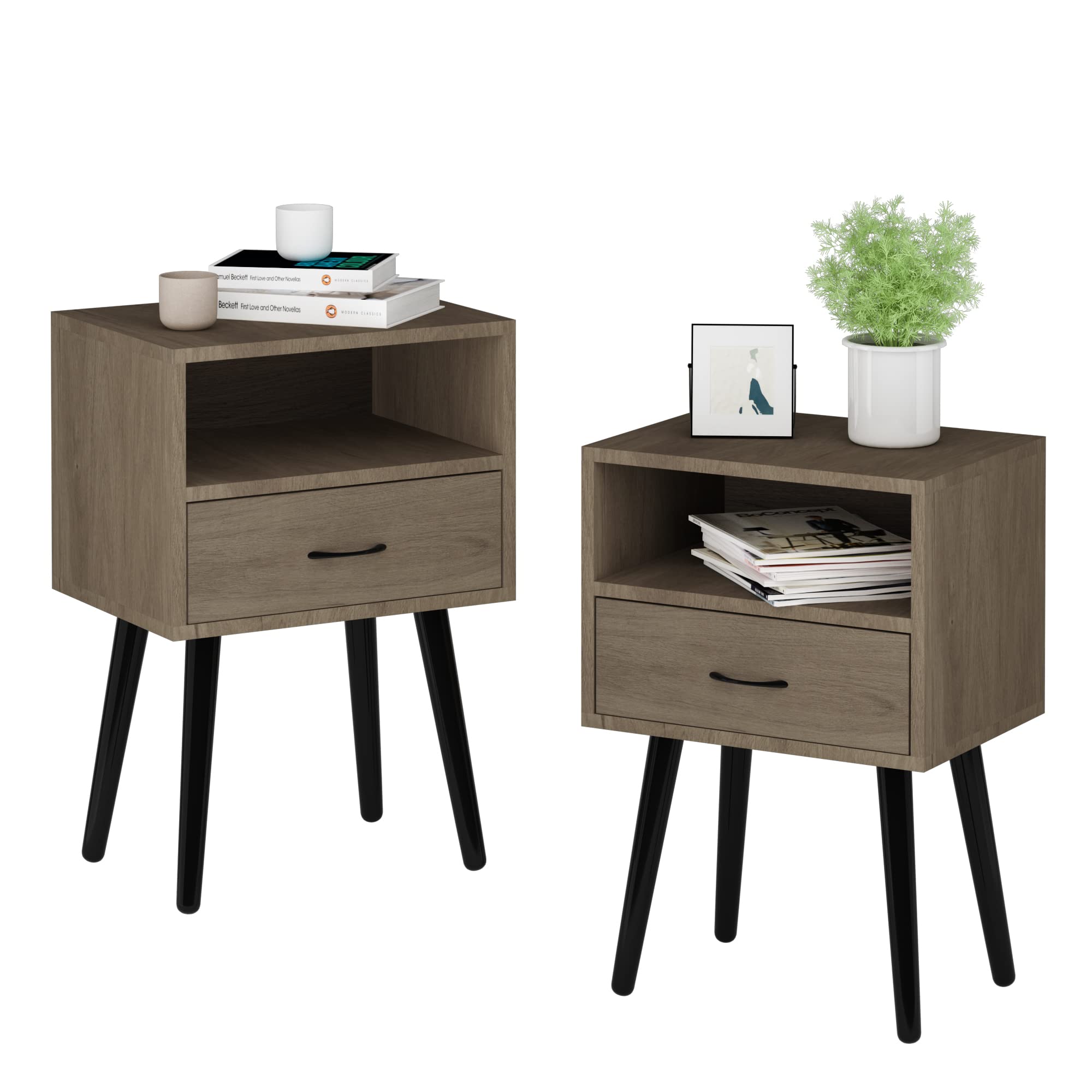 JAXPETY Set of 2 Wood Nightstands with Drawer and Shelf - Mid-Century Modern End Tables for Bedroom, Living Room & Home Office - Washed Grey Finish - Perfect for Small Spaces and Apartment Decor
