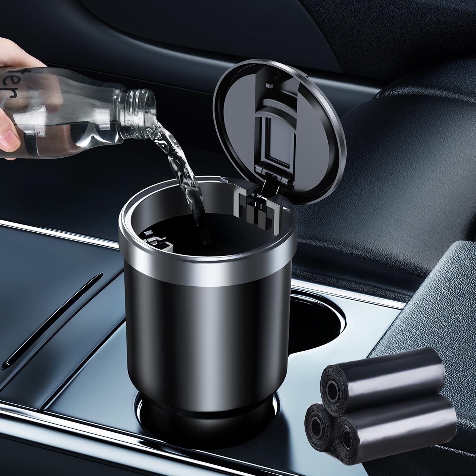 Mini Car Trash Can with Lid & 45 Trash Bags - Small Cup Holder Garbage Bin for Front Seat, Vehicle Accessories for Men & Women - Perfect for Road Trips, Commuting & Keeping Your Car Clean (Black)
