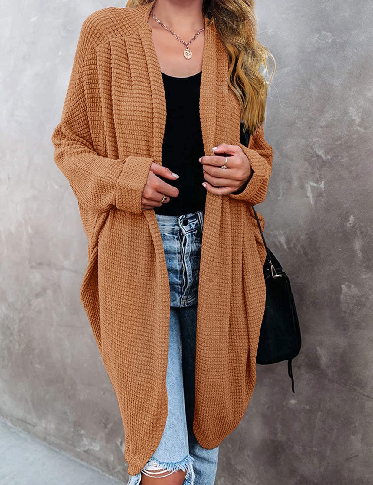 MEROKEETY Women's 2025 Fall Waffle Knit Batwing Long Sleeve Cardigan - Loose Open Front Sweater Coat for Women | Cozy Autumn Layering Piece for Work, Date Night & Casual Outings