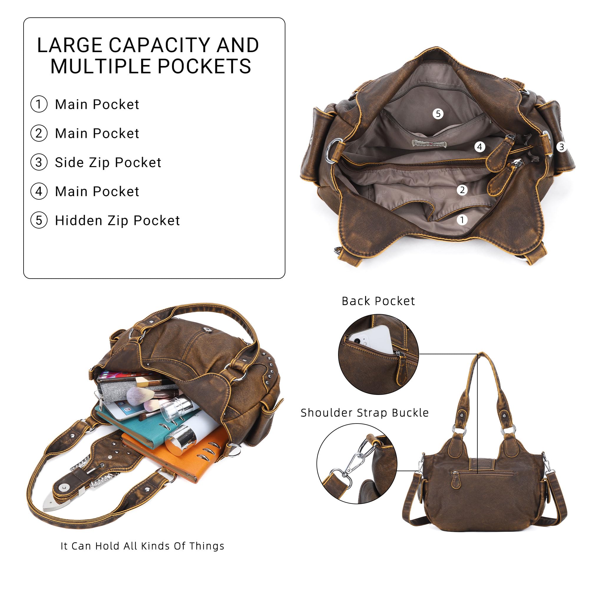 Angel Kiss Vegan Leather Hobo Bags for Women - Stylish Shoulder & Crossbody Purse with Metal Studs | Perfect for Work, Travel & Everyday Use