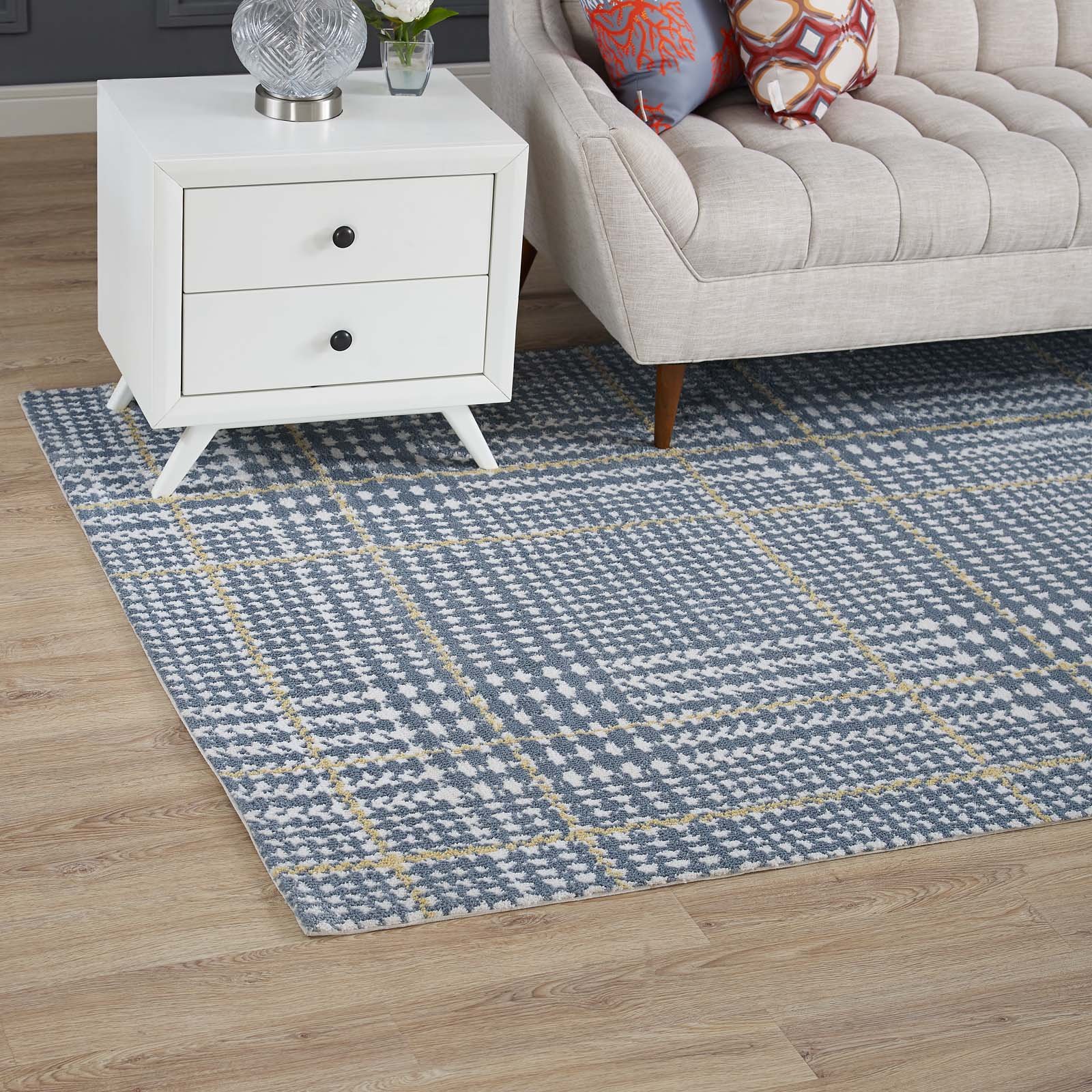 Modern Contemporary Urban Design Blue Area Rug - Non-Slip Living Room Carpet Runner for Lounge & Bedroom - Soft Fabric Floor Mat for Home Decor