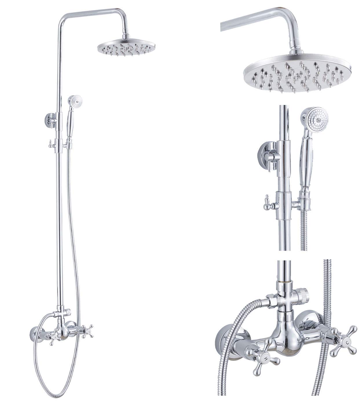 GGStudy Chrome Rain Shower System Set - 8 Inch Round Rainfall Shower Head with Handheld Spray & 2 Knob Mixer - Modern Bathroom Faucet for Spa-Like Shower Experience | Perfect for Master Bath, Guest Bath & Luxury Home Renovation