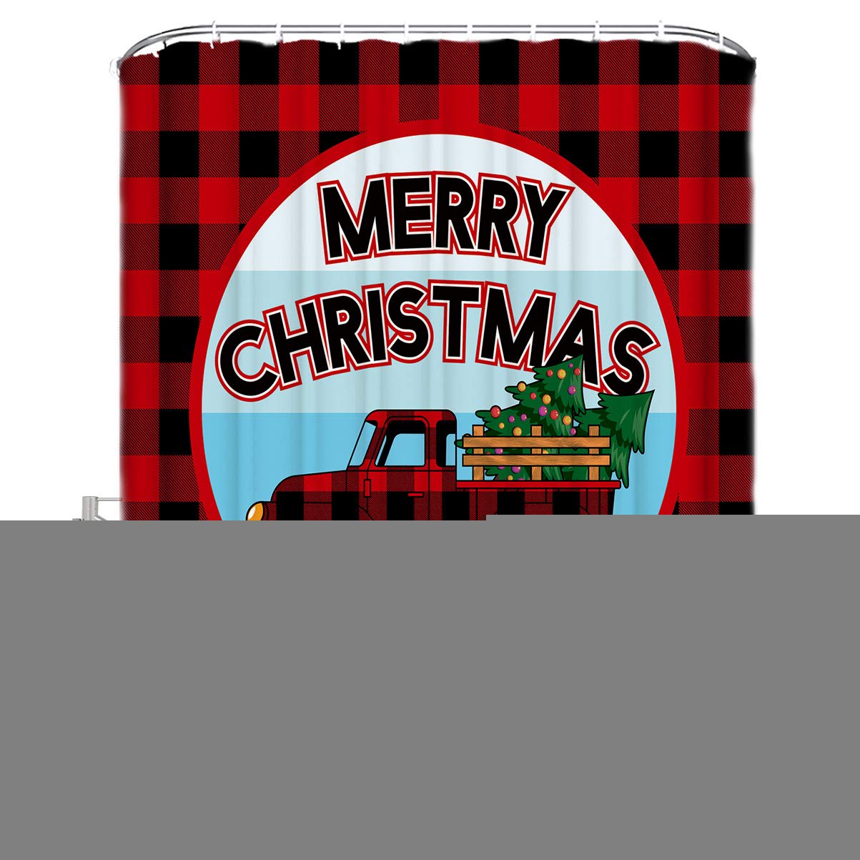 Polyester Christmas Shower Curtain - Red Black Plaid Truck & Tree Design - 72x72 Inch Waterproof Bath Curtain with Reinforced Buttonholes - Perfect for Bathroom, Bathtub, and Shower Stall Decorations - Festive Holiday Home Decor