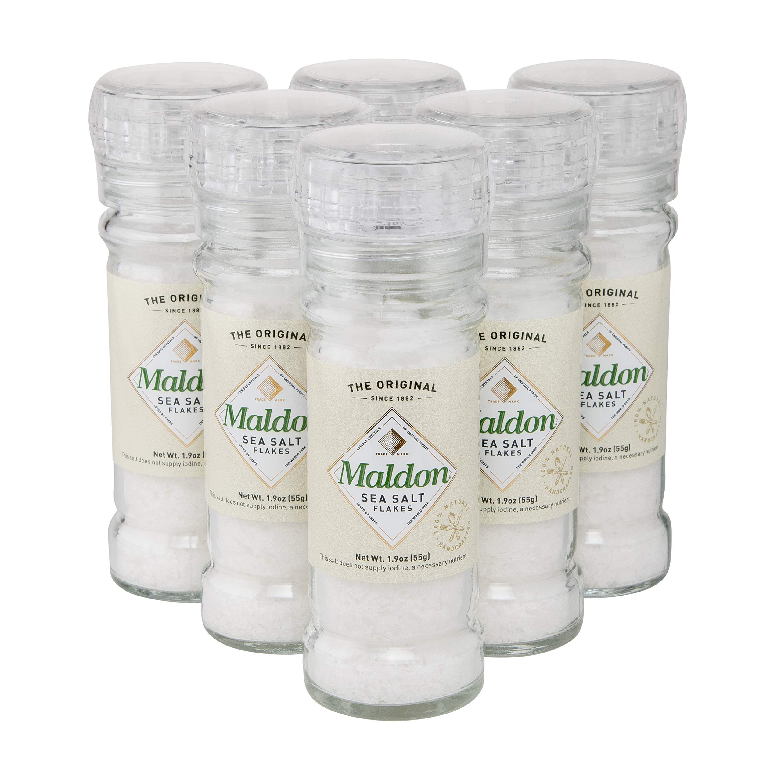 **Maldon Sea Salt Grinder Refillable 55g (6 Pack) - Adjustable Kosher Natural Handcrafted Gourmet Pyramid Crystal Salt for Cooking, Baking & Seasoning - Perfect for Chefs & Home Kitchens**
