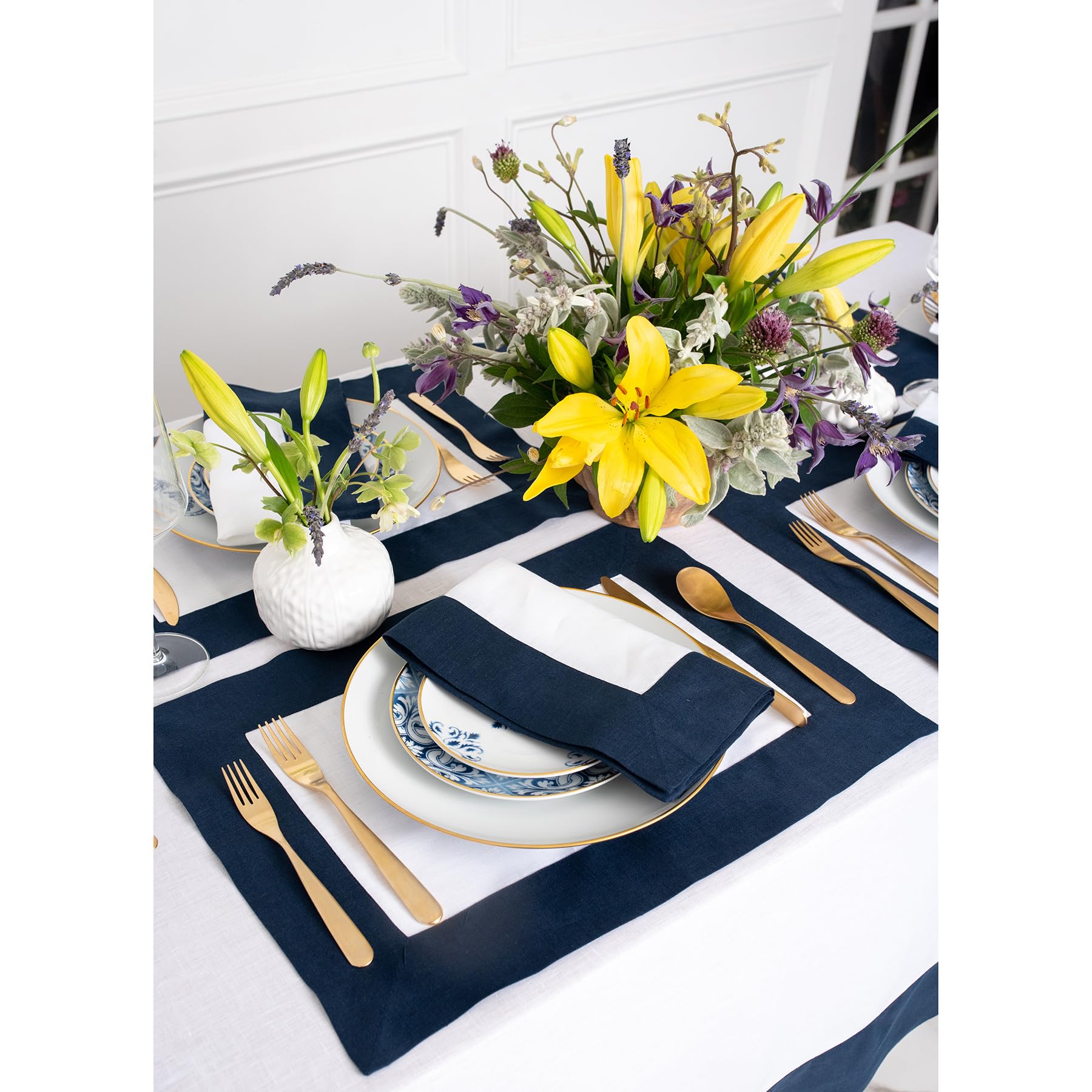 Solino Home 100% Pure Linen Table Runner 14 x 90 Inches - Navy and White Striped Contemporary Tablecloth for Dining Table Decor | Perfect for Weddings, Parties, Spring Decor, Mother's Day & Easter Celebrations | Elegant Home & Event Decoration