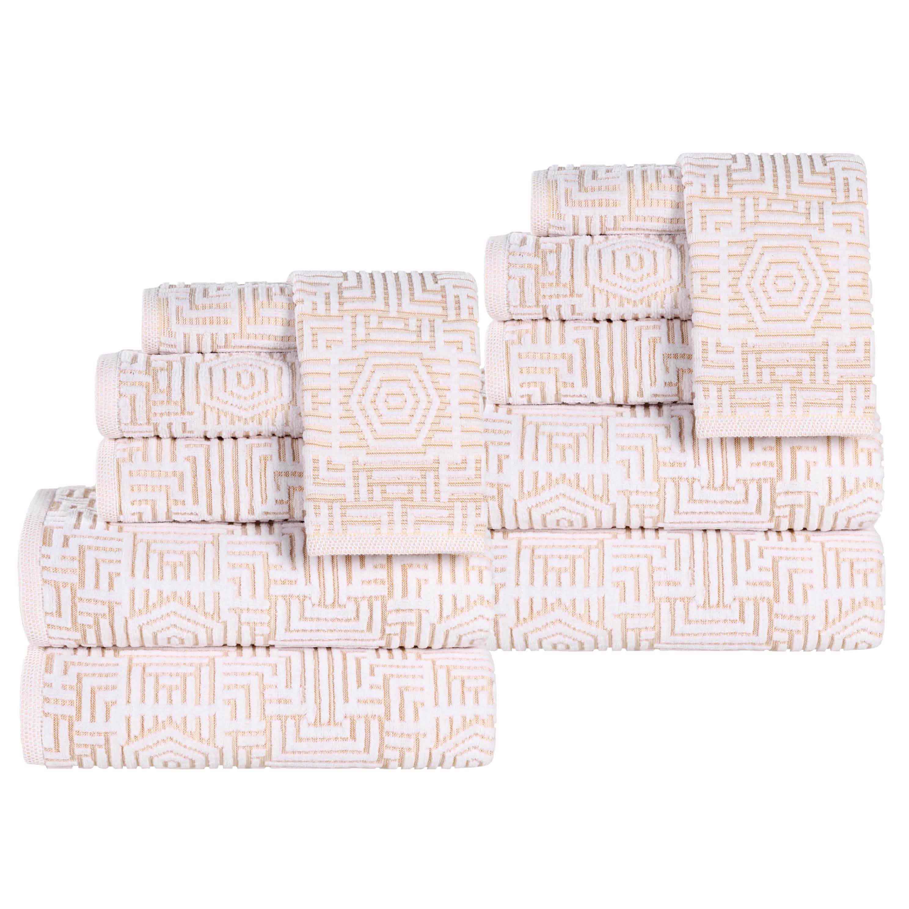 Premium 12-Piece Cotton Geometric Jacquard Plush Towel Set - Ultra Absorbent & Soft Bath Towels for Spa, Guest Bathroom & Luxury Home Decor