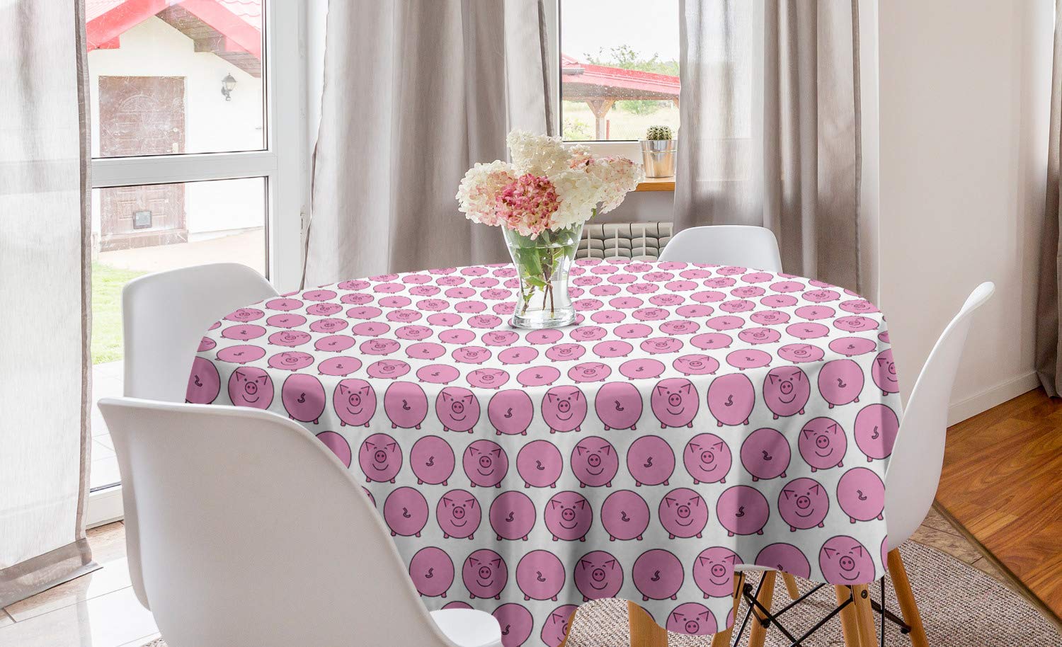 Lunarable Round Tablecloth with Cartoon Piggy Bank Design - Farm Animal Pattern Dining Table Cover for Kitchen & Home Decor, 60 Inch Pale Pink Multicolor - Perfect for Birthday Parties, Farmhouse Themes & Casual Dining