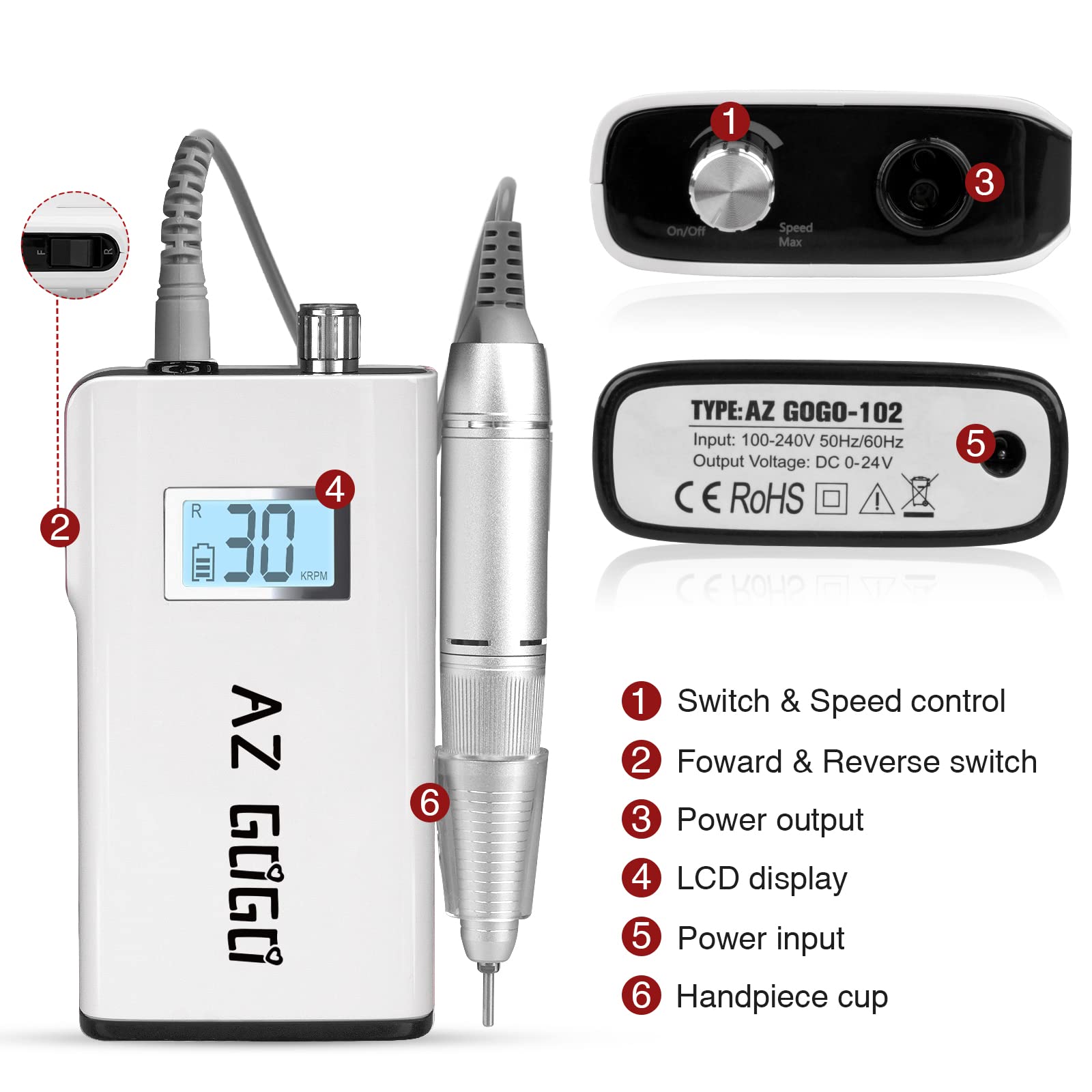 Professional Cordless Nail Drill Machine 30000RPM - AZ GOGO Portable Electric Nail File for Acrylic & Gel Nails with LCD Display | Perfect for Home Salon, Nail Art & Professional Manicures