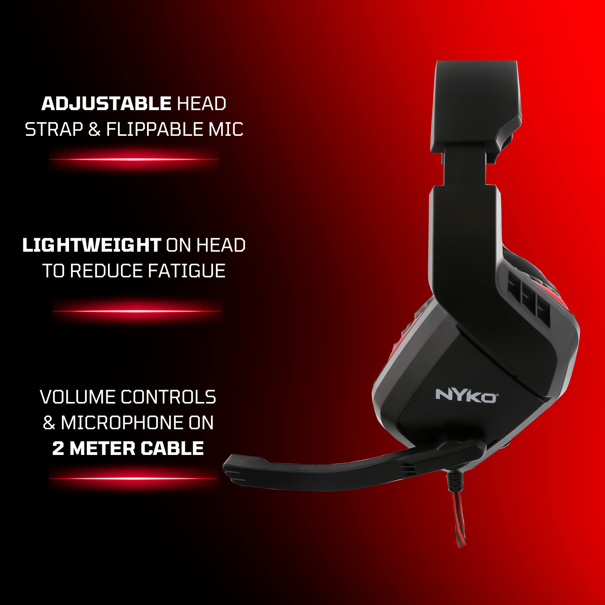 Nyko Ns-4500 Wired Gaming Headset for Nintendo Switch, PS4, PS5, Xbox One & Xbox X/S - Lightweight Over-Ear Headphones with Adjustable Noise-Canceling Mic - Black/Red Gaming Accessories for Immersive Gameplay & Online Chat