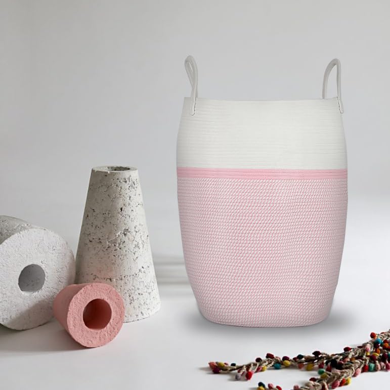 Large Woven Laundry Basket with Handles - Tall Nursery Hamper for Baby Clothes, Blankets & Towels - Decorative Storage Basket for Kids, Living Room & Nursery Organization - Pink & White Cotton Fabric Basket (Perfect for Baby Rooms, Playrooms & Home Organization)