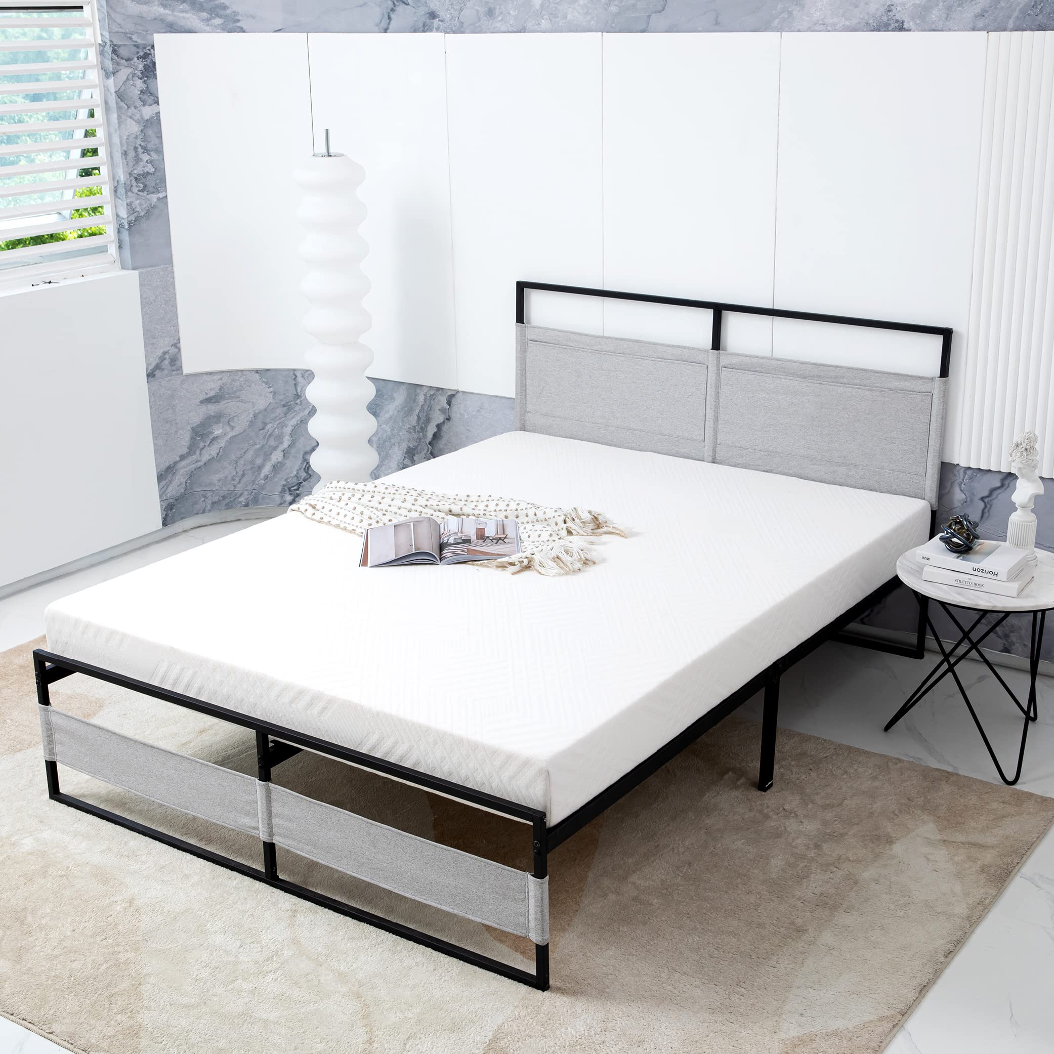 MLILY King Size Metal Platform Bed Frame with 14 Inch Height - Under Bed Storage & Headboard Pockets, Heavy Duty Steel Slats, No Box Spring Required, Easy Assembly, Grey (BED-V1-K) - Perfect for Master Bedrooms, Guest Rooms & Small Space Living