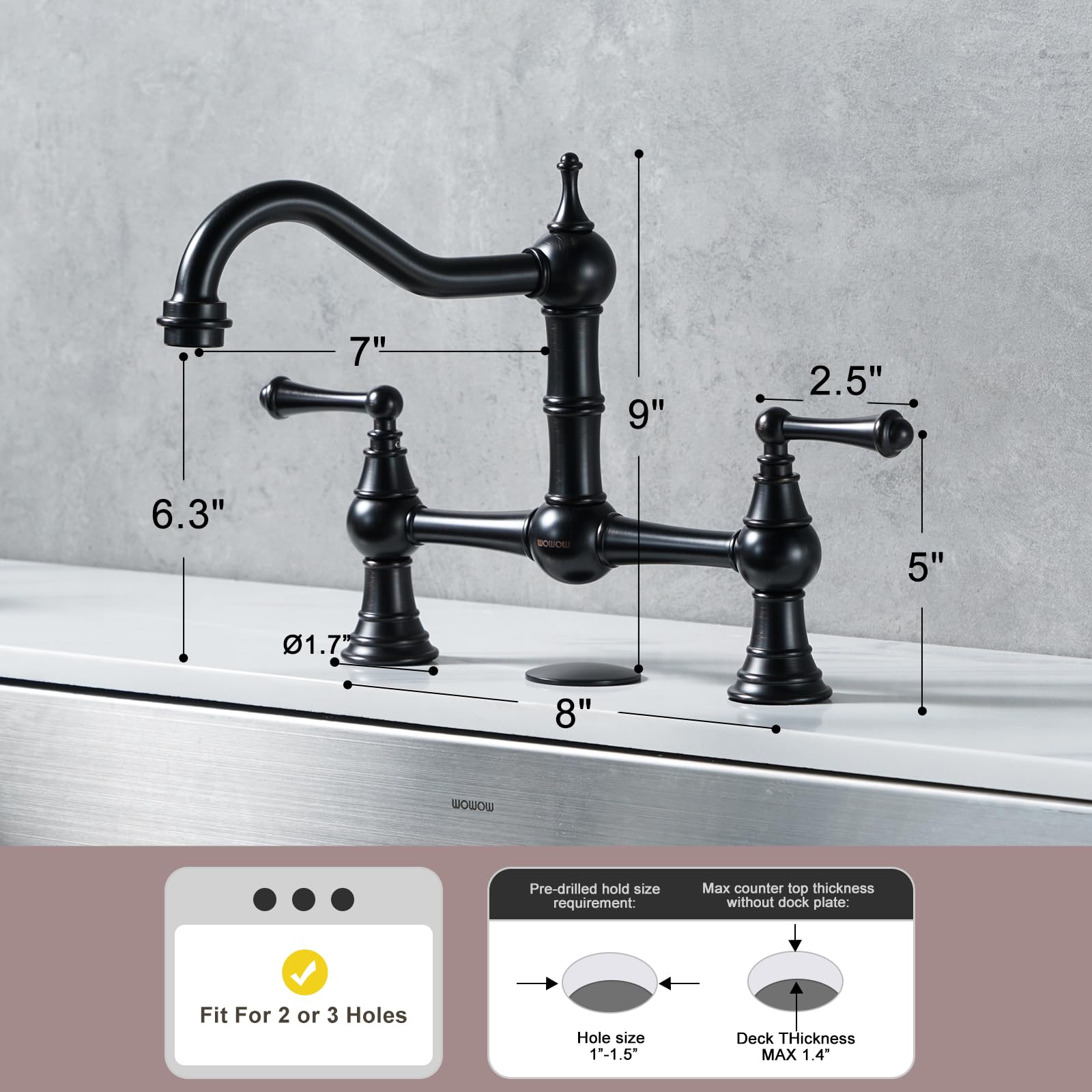 WOWOW Solid Brass Bridge Kitchen Faucet - Oil Rubbed Bronze Finish for 2 or 3 Hole Sinks | 8 Inch Centerset Victorian Farmhouse Design | Perfect for Rustic, Traditional & Modern Kitchens (Ideal for Cooking, Washing Dishes & Food Prep)