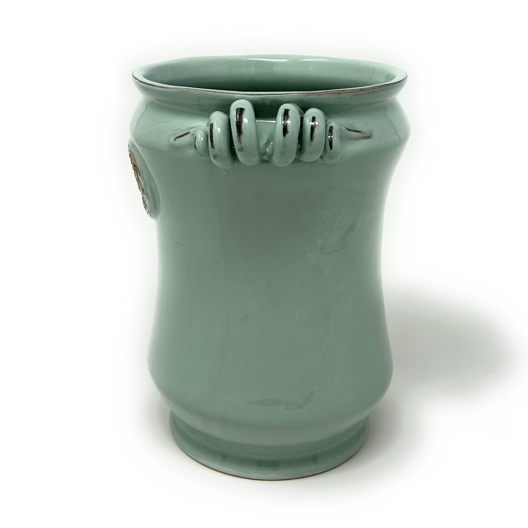 Hand-Painted Italian Ceramic Utensil Holder & Wine Bottle - Rustic Tuscan Art Pottery with Sage Green Decorated Pattern - Made in Italy - Perfect for Kitchen Organization & Tuscan Home Decor