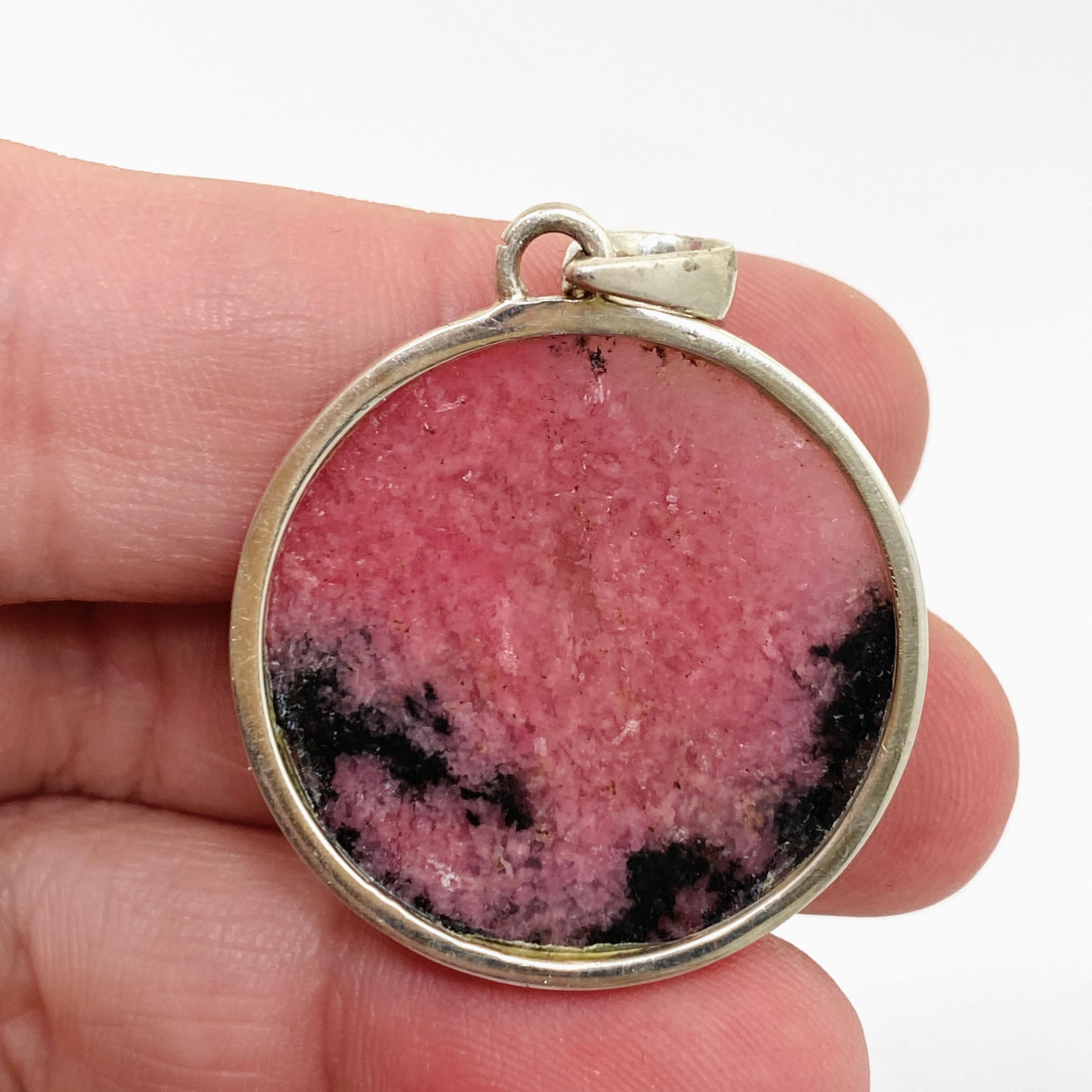 Natural Rhodonite Round Cabochon Pendant - 925 Sterling Silver Jewelry PPGJ1057 for Healing, Meditation & Spiritual Gifts