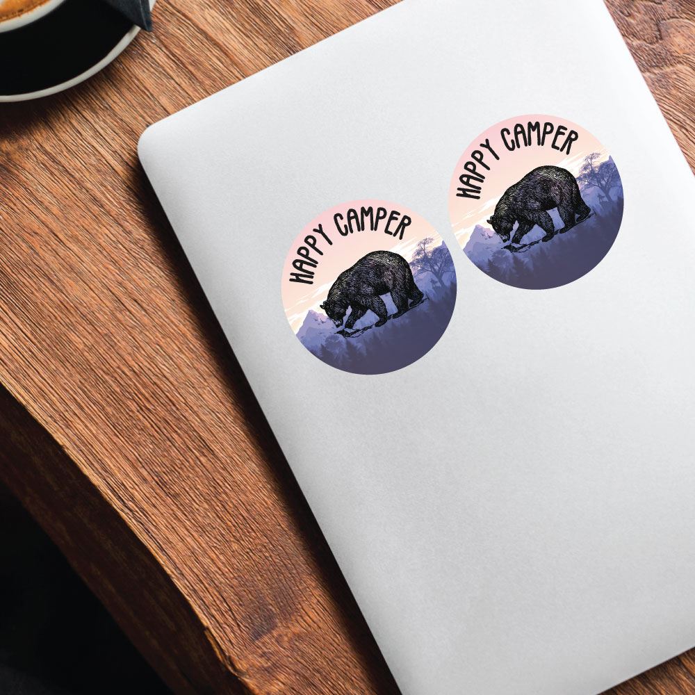 Happy Camper Bear Vinyl Sticker Decal - Waterproof & Durable for Laptops, Water Bottles, Cars & Outdoor Gear - Perfect for Camping, Hiking & Travel Adventures