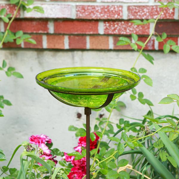 Fern Green Crackle Glass Birdbath Bowl for Garden Decor - Handmade Outdoor Bird Feeder with Crackled Texture, Perfect for Attracting Birds to Your Backyard or Patio