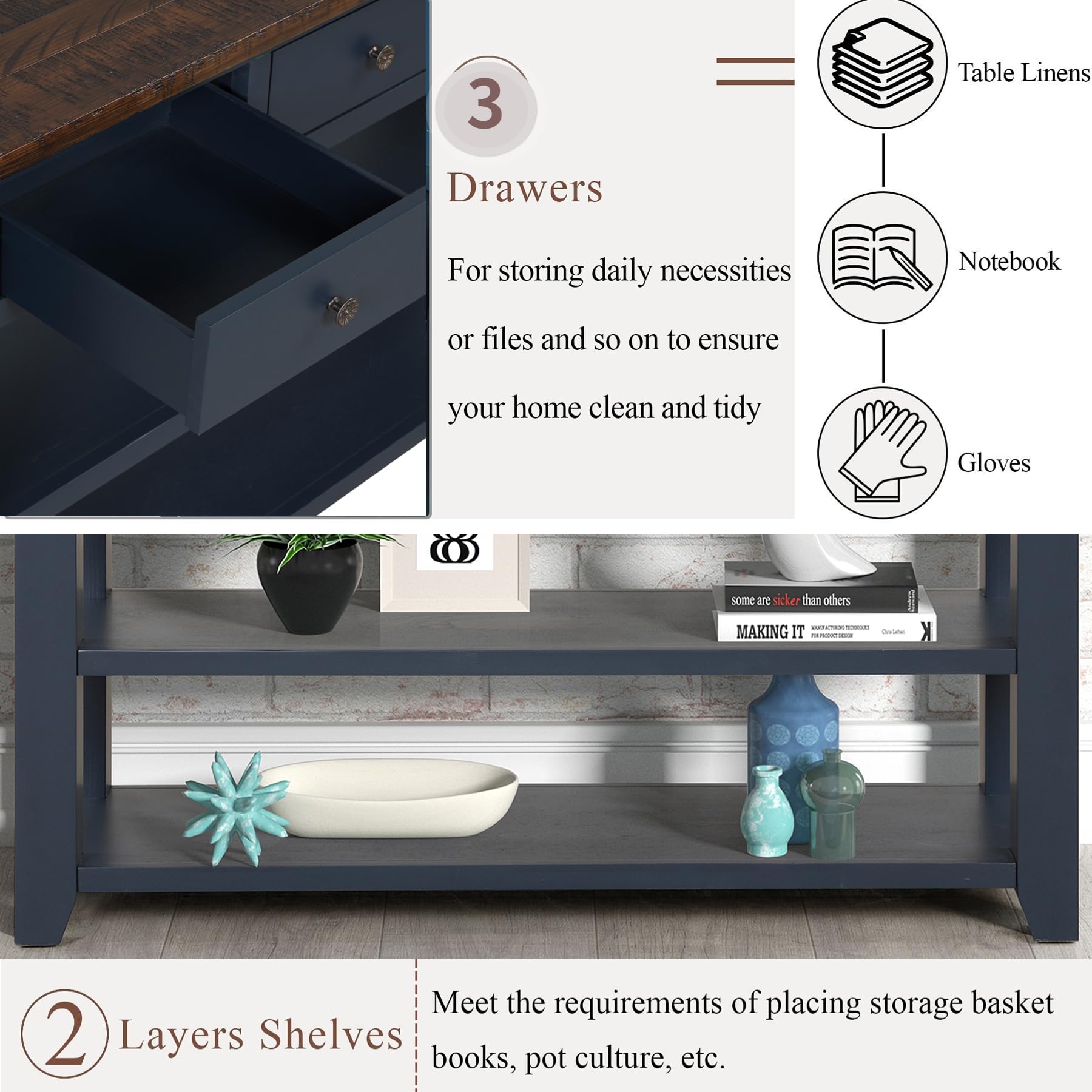 Solid Wood Console Table with Storage Drawers & Bottom Shelf - 48.8