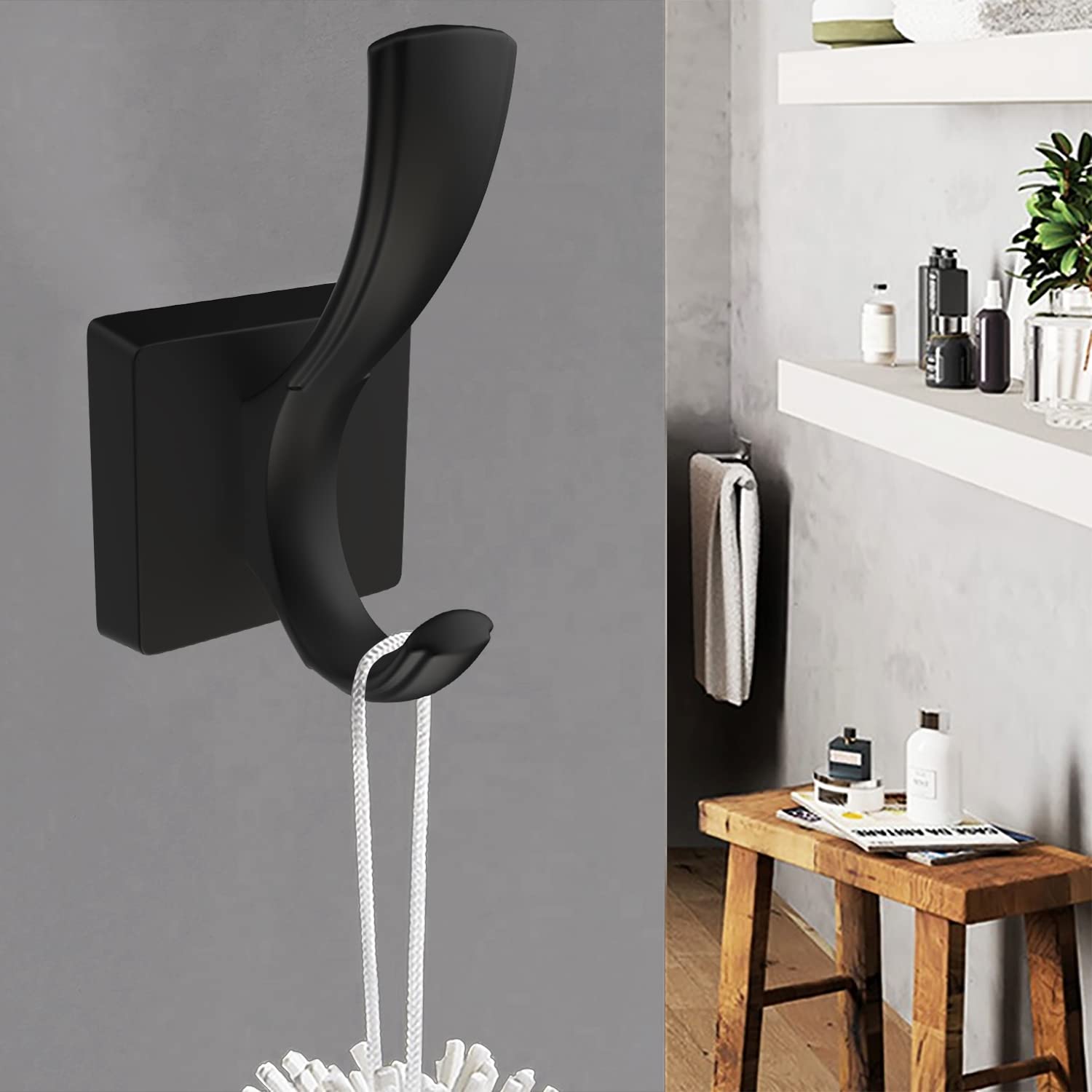 Black Wall Hooks 5-Pack - Towel, Coat & Backpack Hanger for Bathroom & Entryway