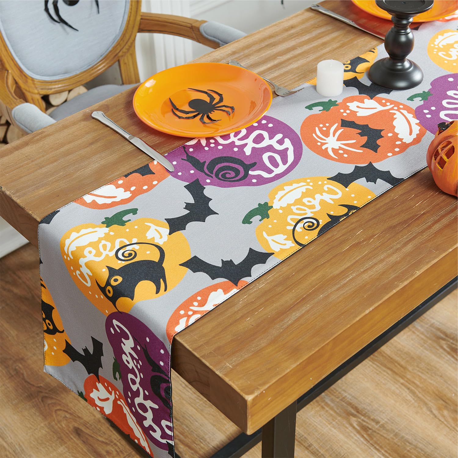 JINCHAN Halloween Table Runner - 13x72 Inch Grey Faux Burlap Kitchen Decor with Pumpkin & Bat Print | Holiday Dining Table Cover for Indoor/Outdoor Parties, Home & Kitchen Decorations