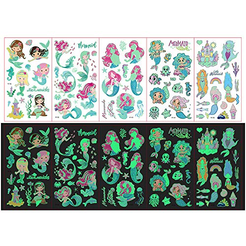 Glow in the Dark Temporary Tattoos for Kids - Waterproof Mermaid, Unicorn & Dinosaur Stickers - Space Themed Birthday Party Decorations for Boys & Girls - Perfect for Halloween, Costume Parties & Sleepovers