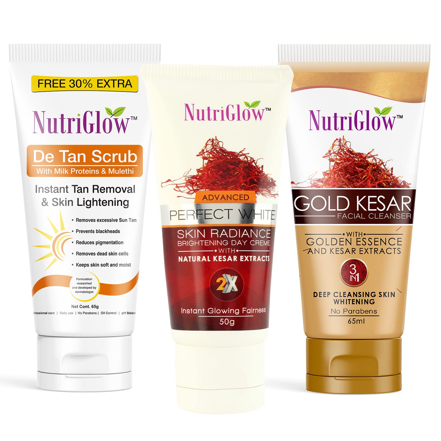 NutriGlow Gold Kesar Cleanser (65 ml) + De Tan Scrub (65 gm) + Skin Radiance Day Cream (50 gm) - Instant Glowing Skin Care Set for Deep Pore Cleansing, Moisturizing & Acne Treatment | Best for Oily Skin & Blackheads Removal | Perfect for Daily Skincare Routine & Spa Day at Home