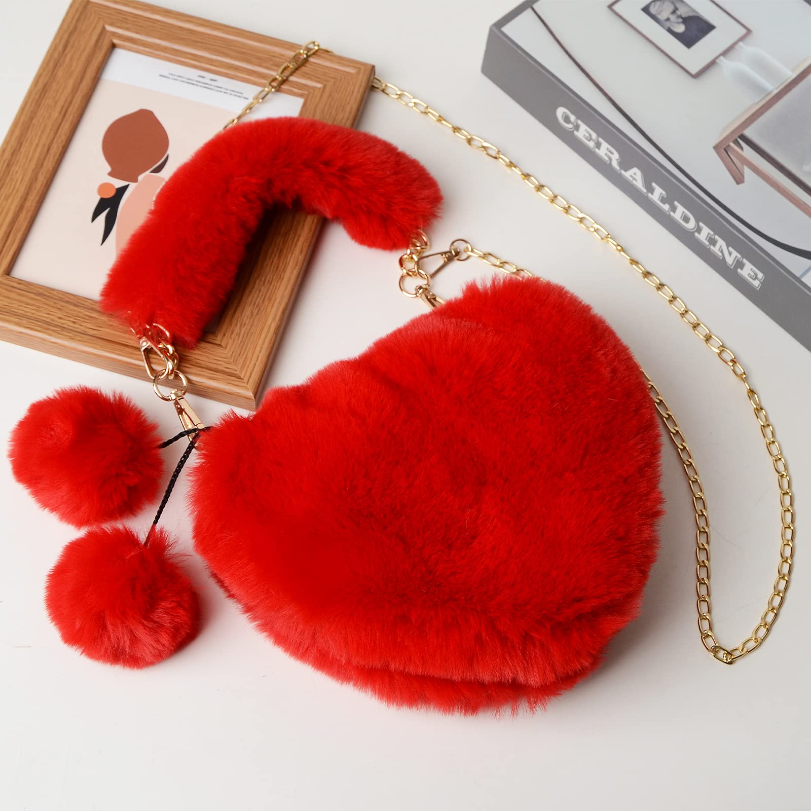 Rejolly Fluffy Faux Fur Heart Shaped Handbag for Women & Girls - Soft Small Shoulder Bag Clutch Purse - Perfect for Parties, Dates, and Everyday Use