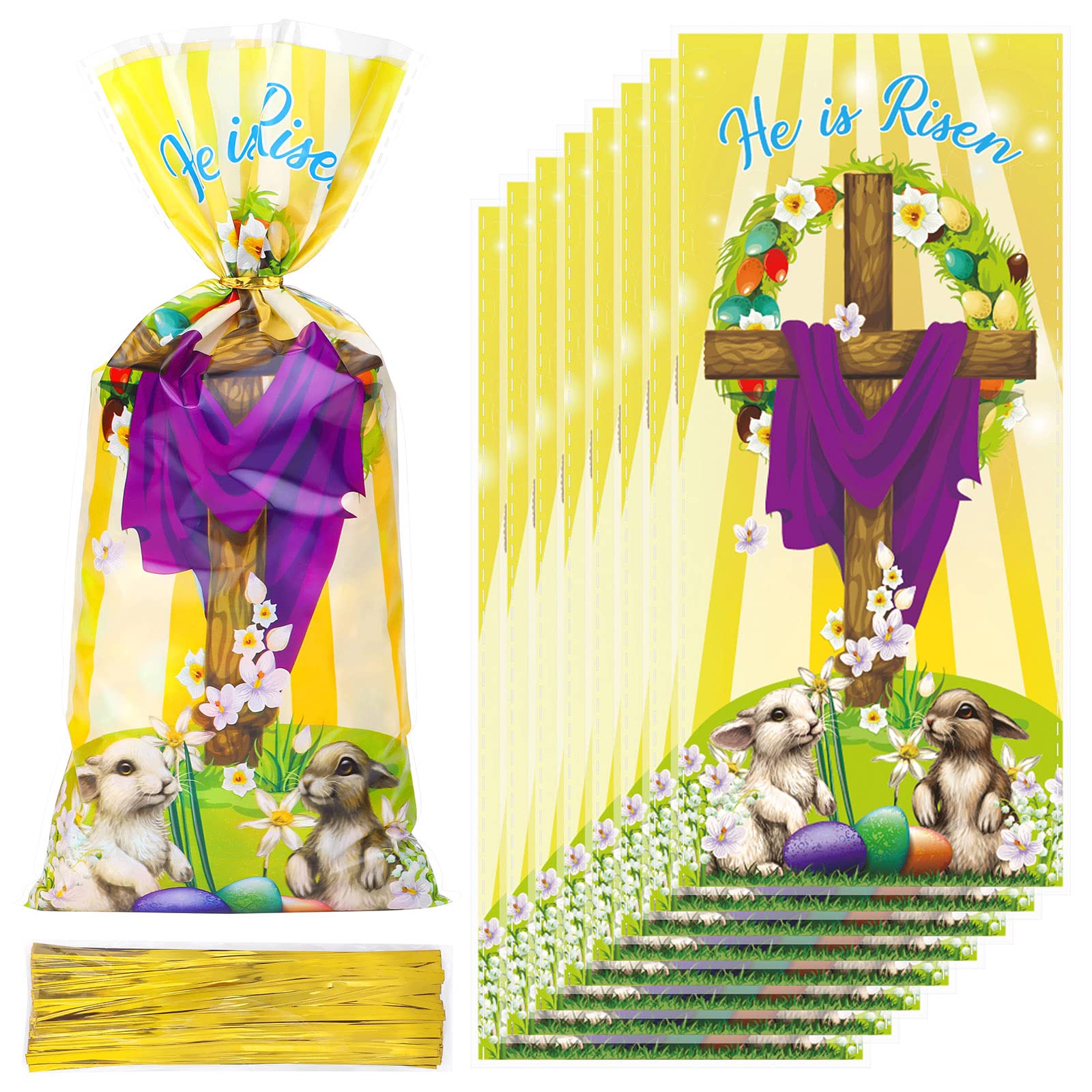 Fovths 100 Pack Clear Plastic Easter Treat Bags with Gold Twist Ties - He is Risen Cellophane Candy Bags for Easter Party Favors, Bible School Events & Egg Hunt Treats - Perfect for Church Celebrations, Sunday School Gifts & Spring Festival Goodie Bags