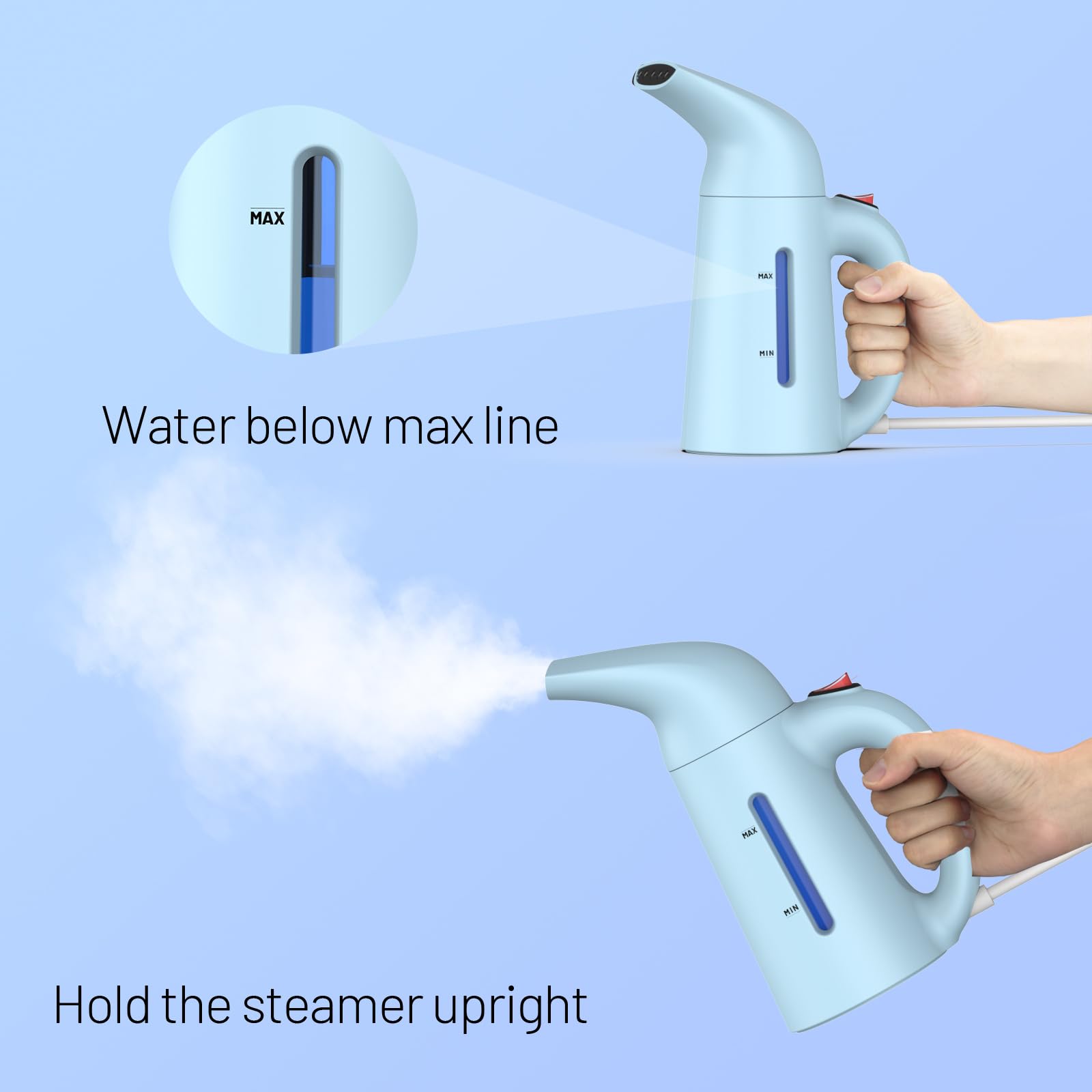 Portable Handheld Garment Steamer for Clothes - 180ml Water Tank, 12 Min Continuous Steam, Wrinkle Remover for All Fabrics - Perfect for Travel, Home & Office Use (Blue)