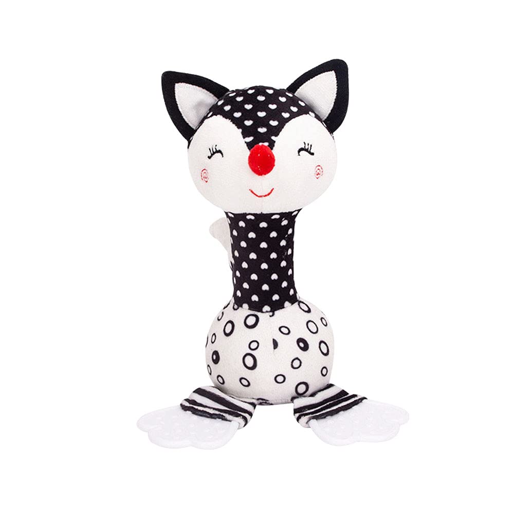 **Soft Plush Fox Rattle Toy for Babies 0-12 Months - Black & White Newborn Developmental Toy with Teether, Sound & Easy Grip - Perfect for Tummy Time, Sensory Play & Early Learning**