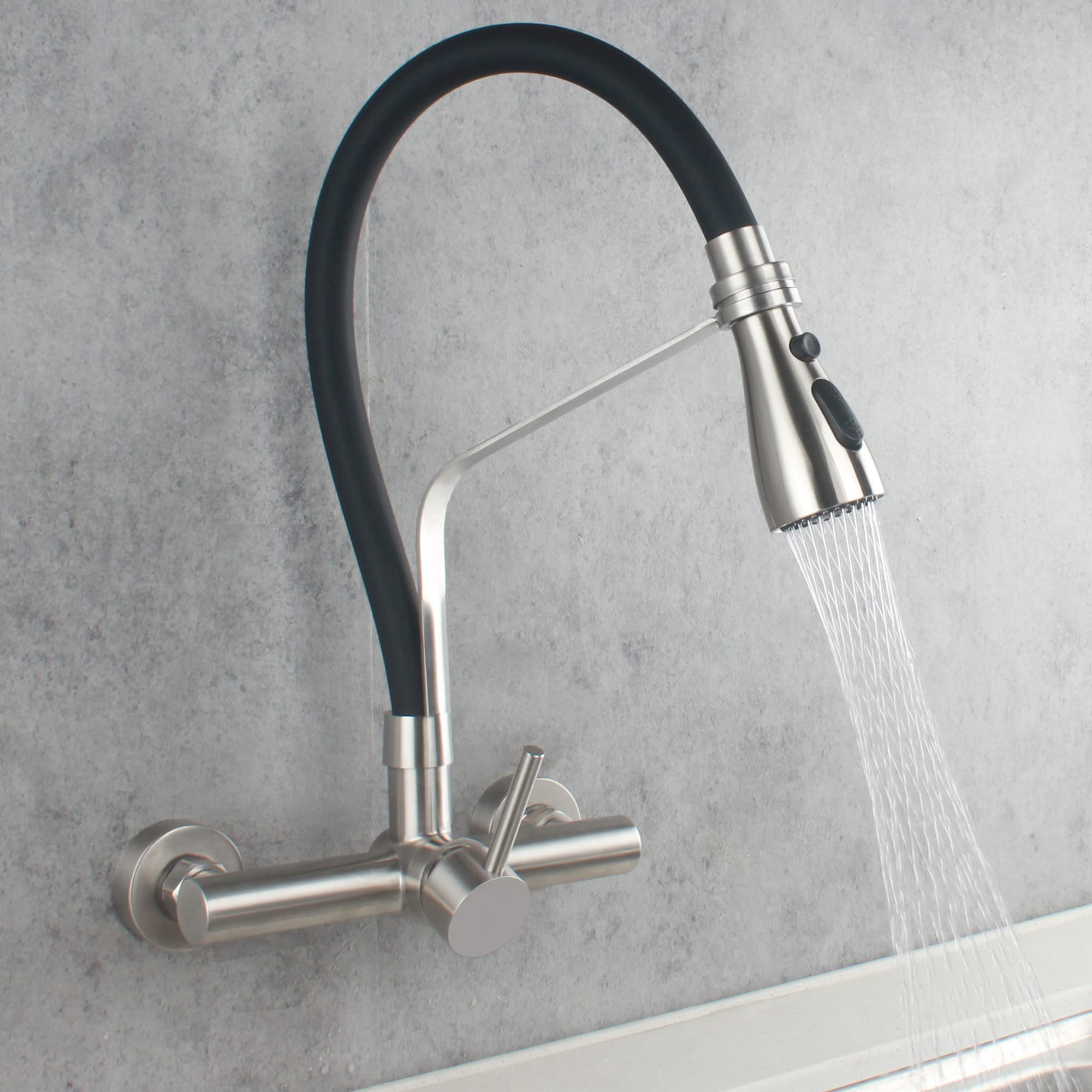 Commercial Stainless Steel Wall Mount Kitchen Faucet with Pull Down Sprayer - 8 Inch Center, 3 Functions, Lead-Free (SSKF17-2DC) - Perfect for Restaurants, Laundry Rooms & Utility Sinks