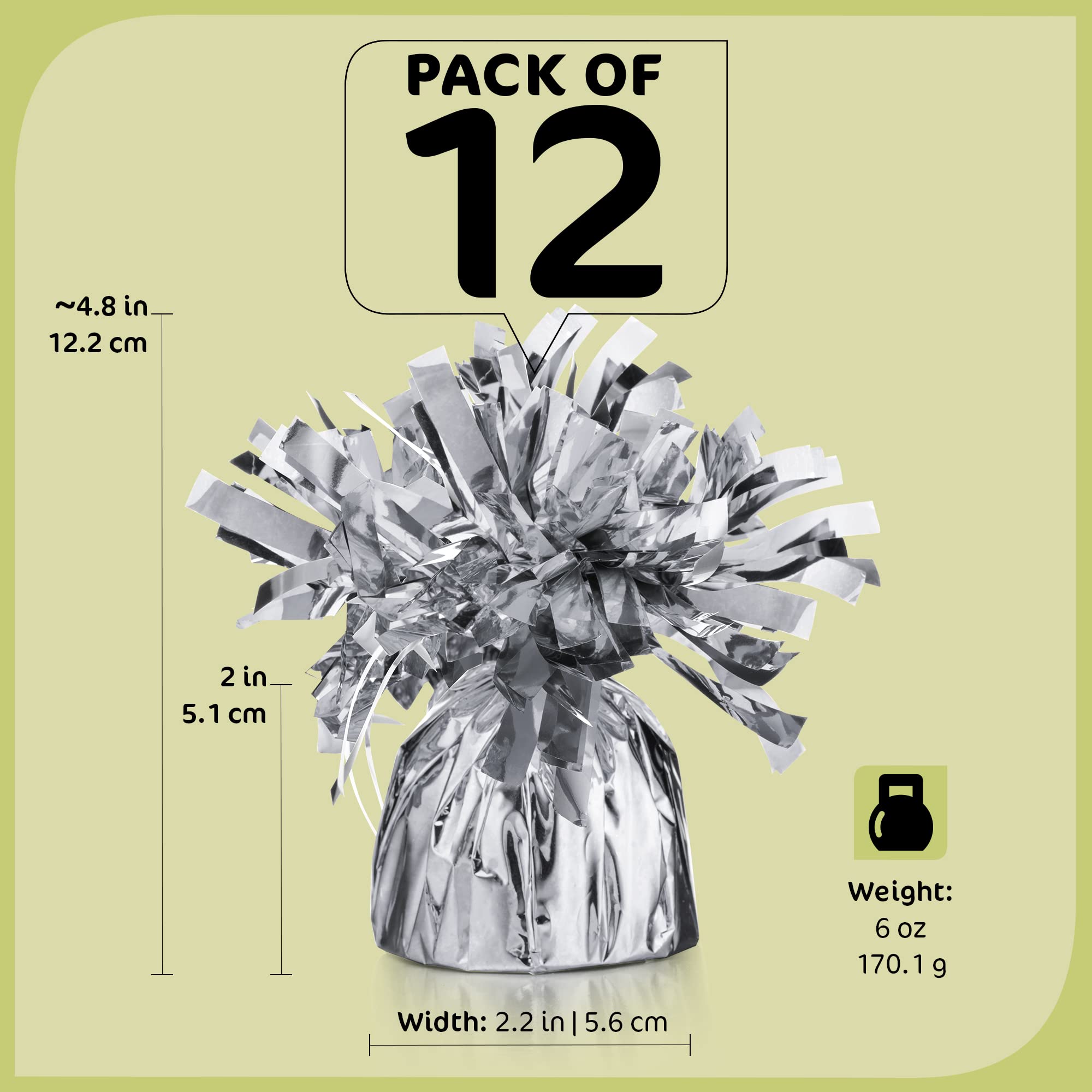 12 Pack Silver Metallic Foil Balloon Weights - 4.8 Inch Heavy Duty DIY Weights for Helium Balloons, Birthday Parties & Wedding Decorations - Perfect for Table Centerpieces, Balloon Arches and Party Decor