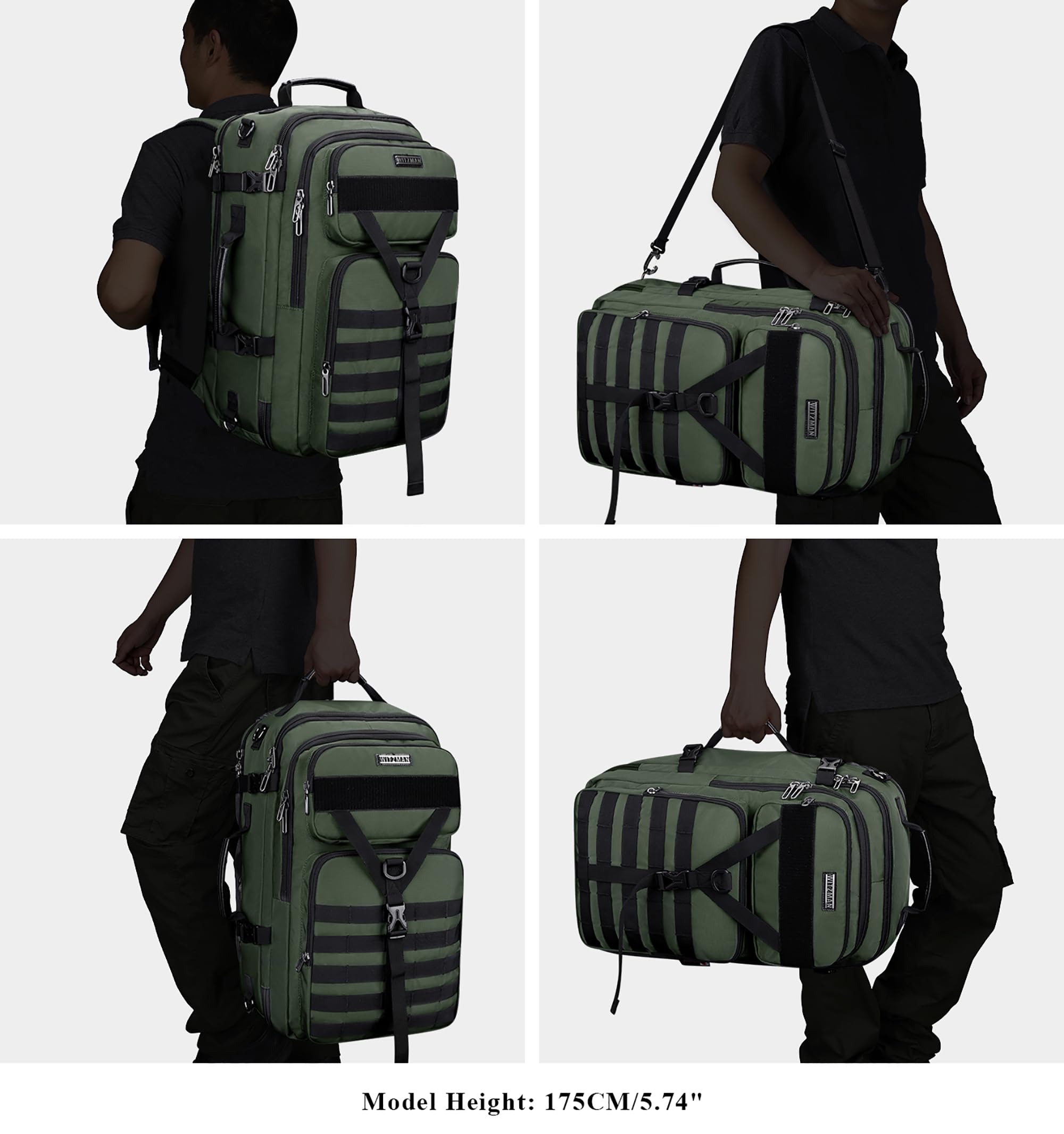 WITZMAN 45L Large Carry On Travel Backpack for Men - Convertible Duffle Bag with 17 Inch Laptop Compartment, Airline Approved (B688 Light Green) - Perfect for Business Trips, Weekend Getaways & Air Travel