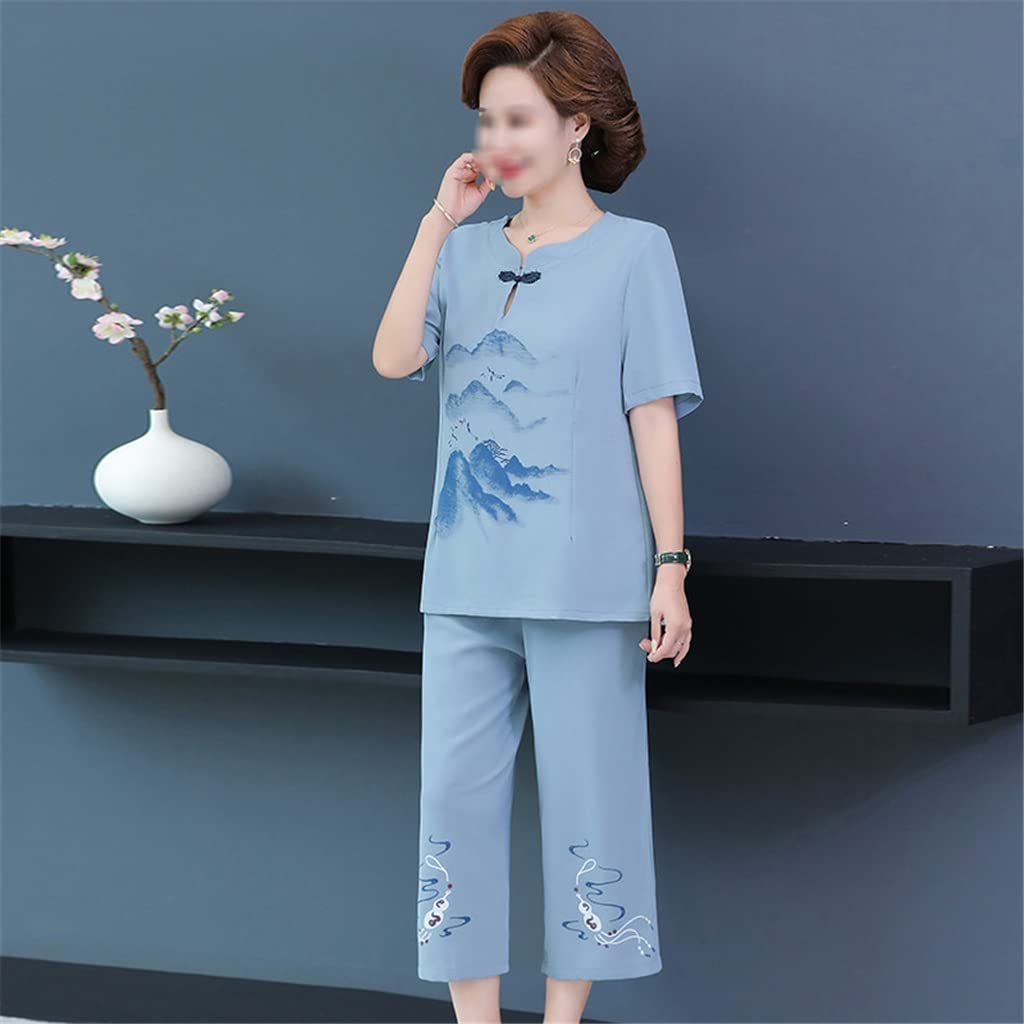 Vintage Floral Print Summer Outfit for Women - 2 Piece Short Sleeve T-Shirt & Loose Pants Set (Blue, Plus Size 4XL) | Casual Comfort Wear for Beach, Travel & Everyday Relaxation