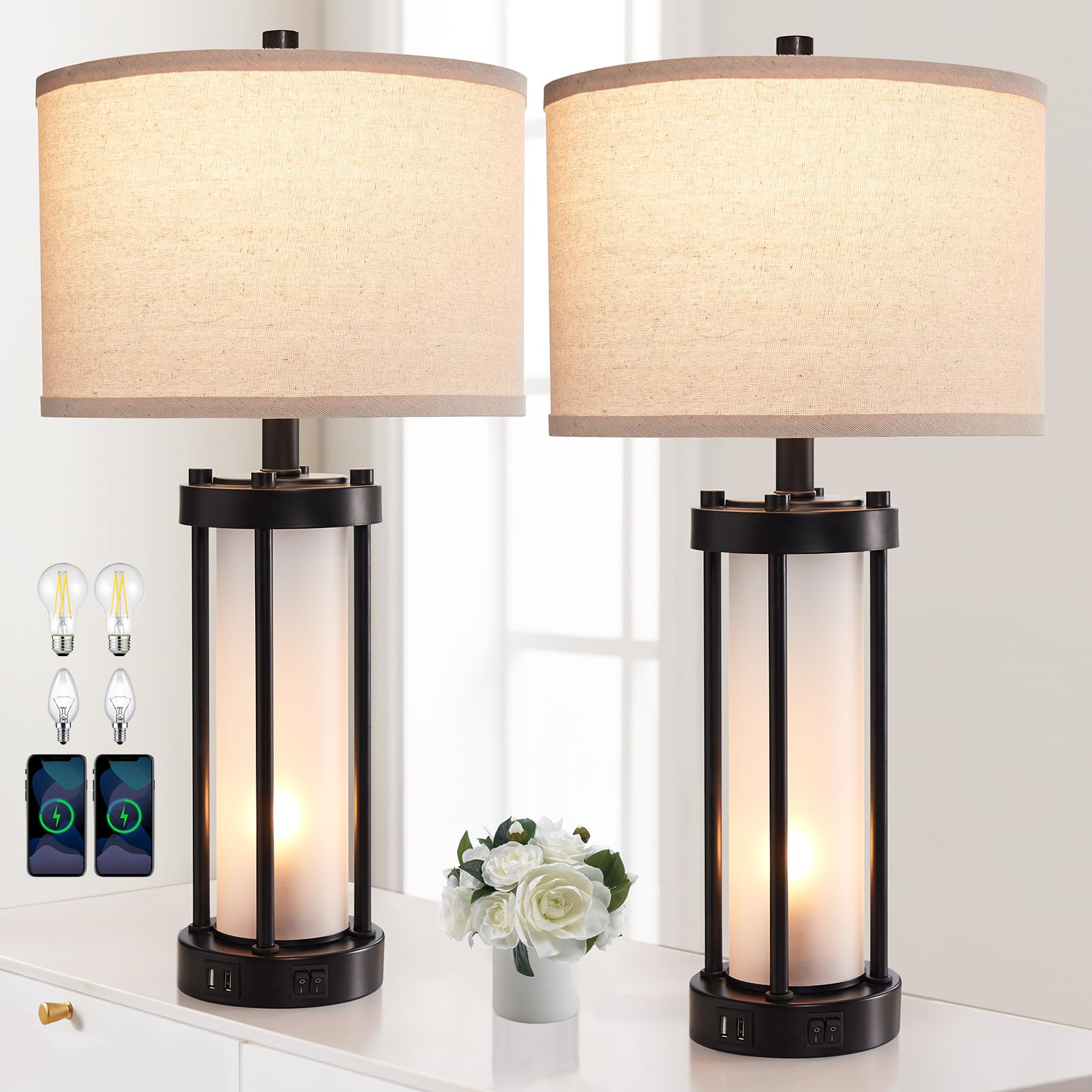 RORIA Set of 2 Modern Table Lamps with USB Ports - White Frosted Glass Nightlight for Bedroom, Living Room & Office - Contemporary Desk Lamp for Nightstand, End Table or Entryway - Includes 4 LED Bulbs (Black) - Perfect for Reading, Working & Creating Cozy Ambiance