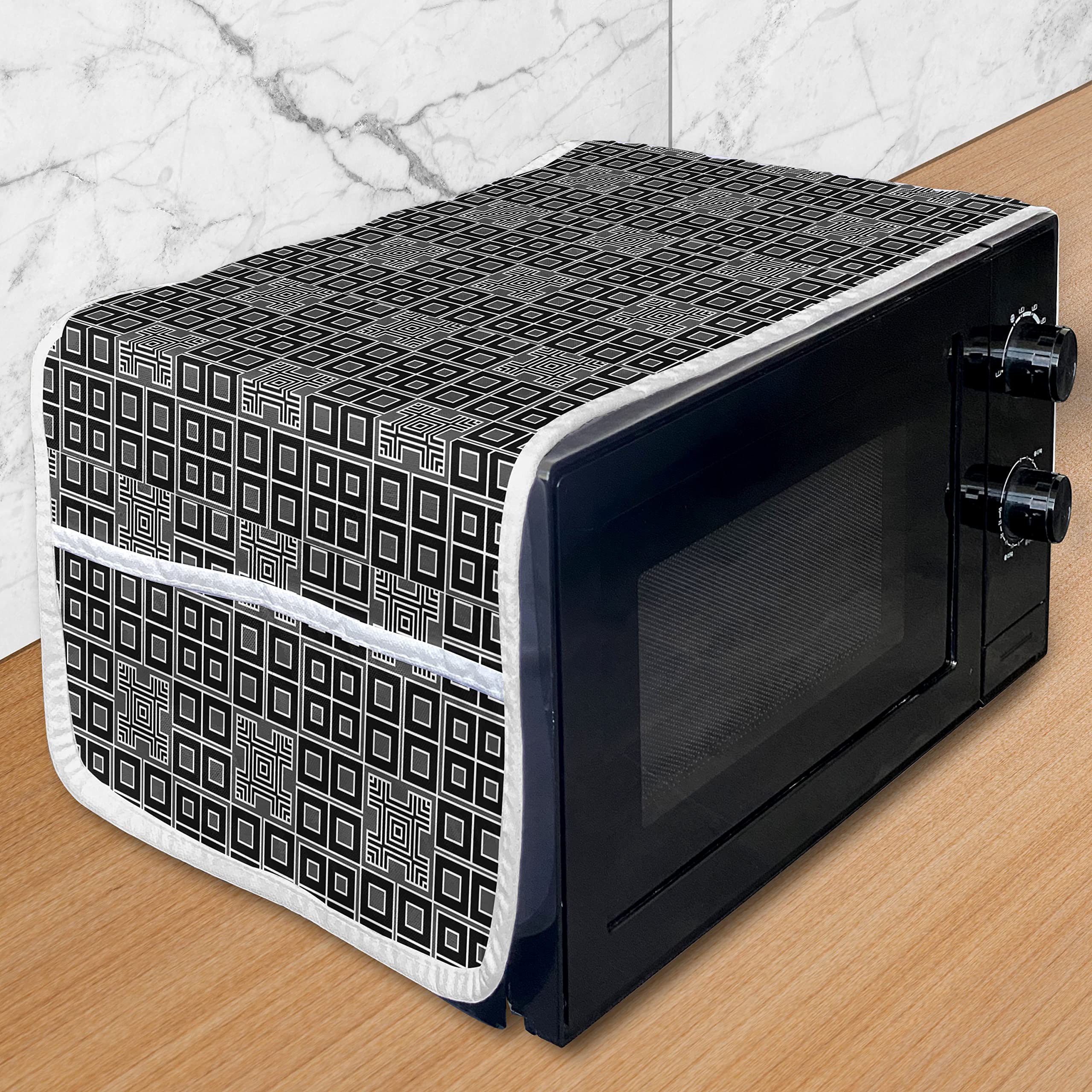 Ambesonne Geometric Microwave Cover - Waterproof Kitchen Organizer with Pockets, Black & White Concentric Square Design, 36