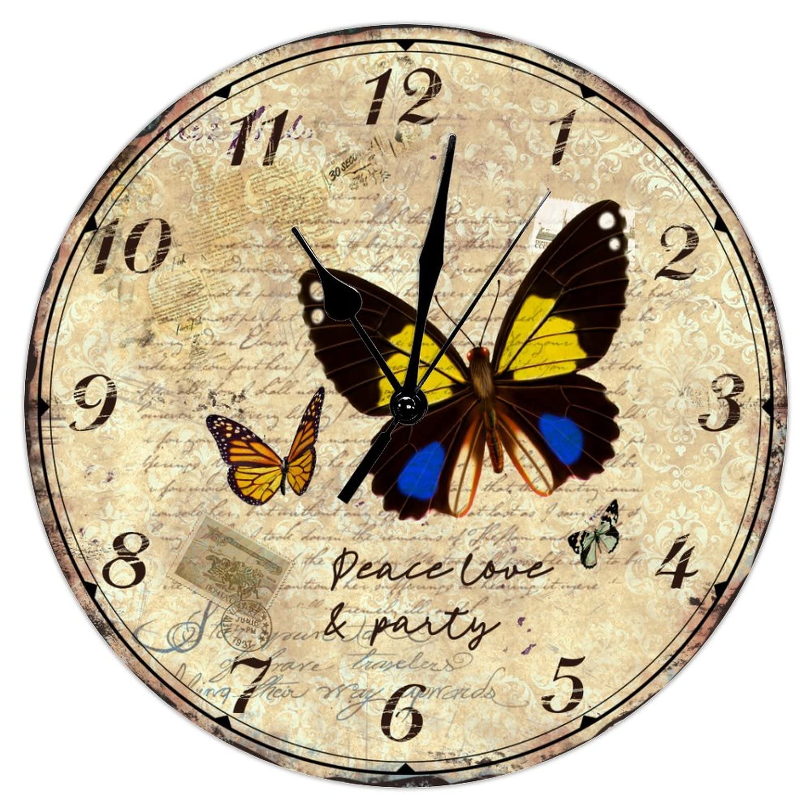 Vintage Wooden Round Wall Clock with Yellow & Blue Butterflies - 12 Inch Battery Operated Hanging Decor for Bedroom, Study, Office & Living Room | Perfect for Boho Home Decor, Garden Accent & Party Wall Art