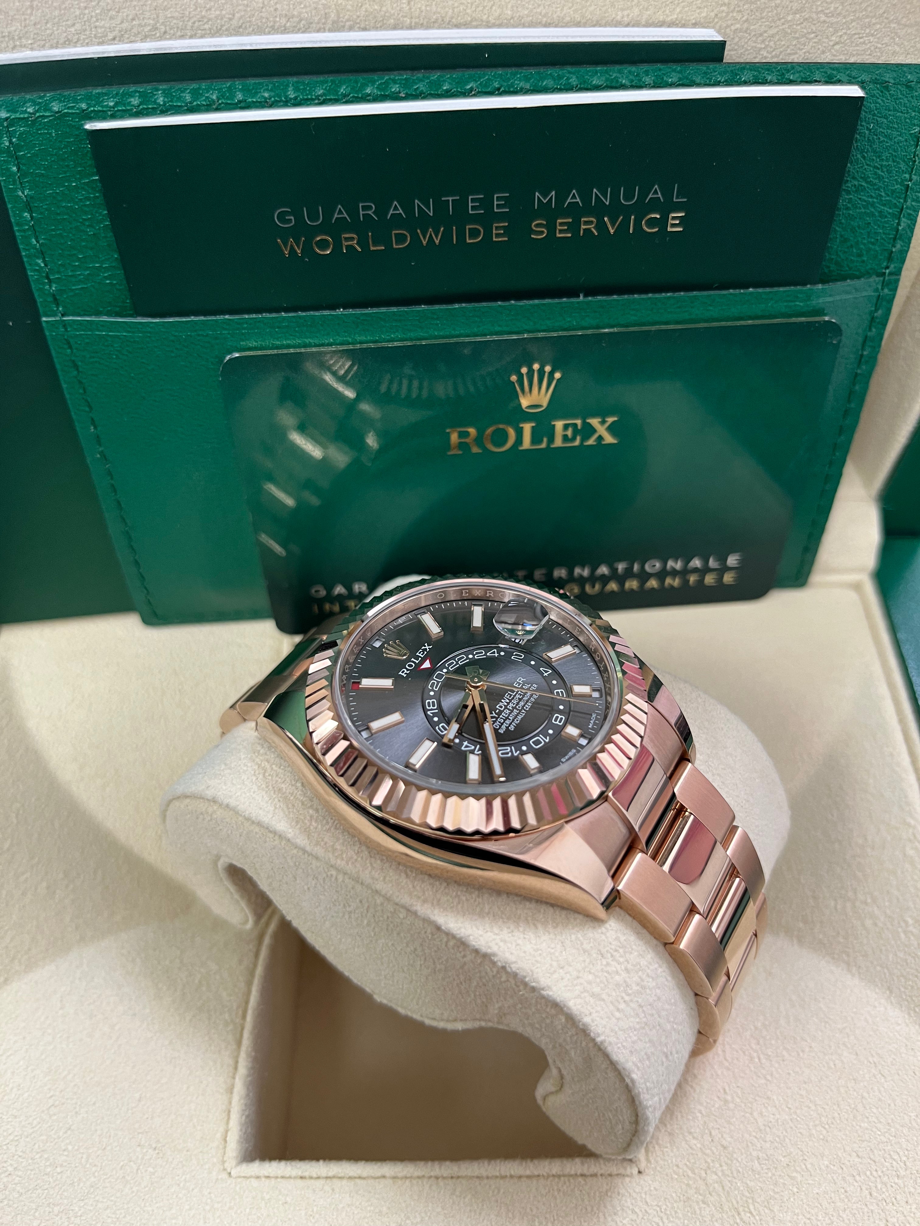Luxury Rolex Sky Dweller Rose Gold Watch with Dark Rhodium Index Dial & Oyster Bracelet (Ref# 326935) - Perfect for Business Meetings, Formal Events & Luxury Collectors