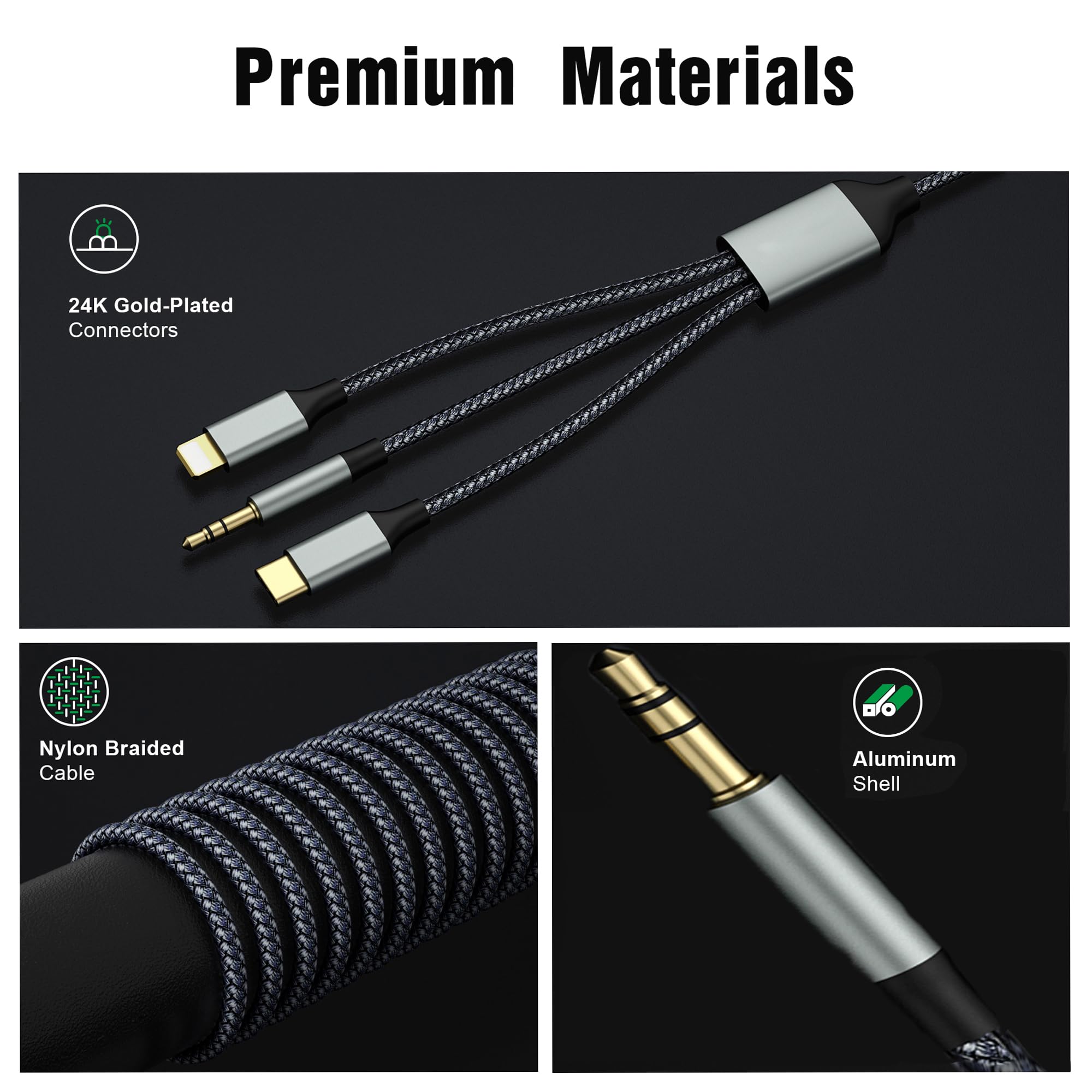 Premium USB C to Aux 3.5mm Car Audio Cable - Nylon Braided 3-in-1 Adapter for iPhone, Headphones & Smartphones - Lightning Compatible for Car Stereo, Home Audio & Portable Speakers