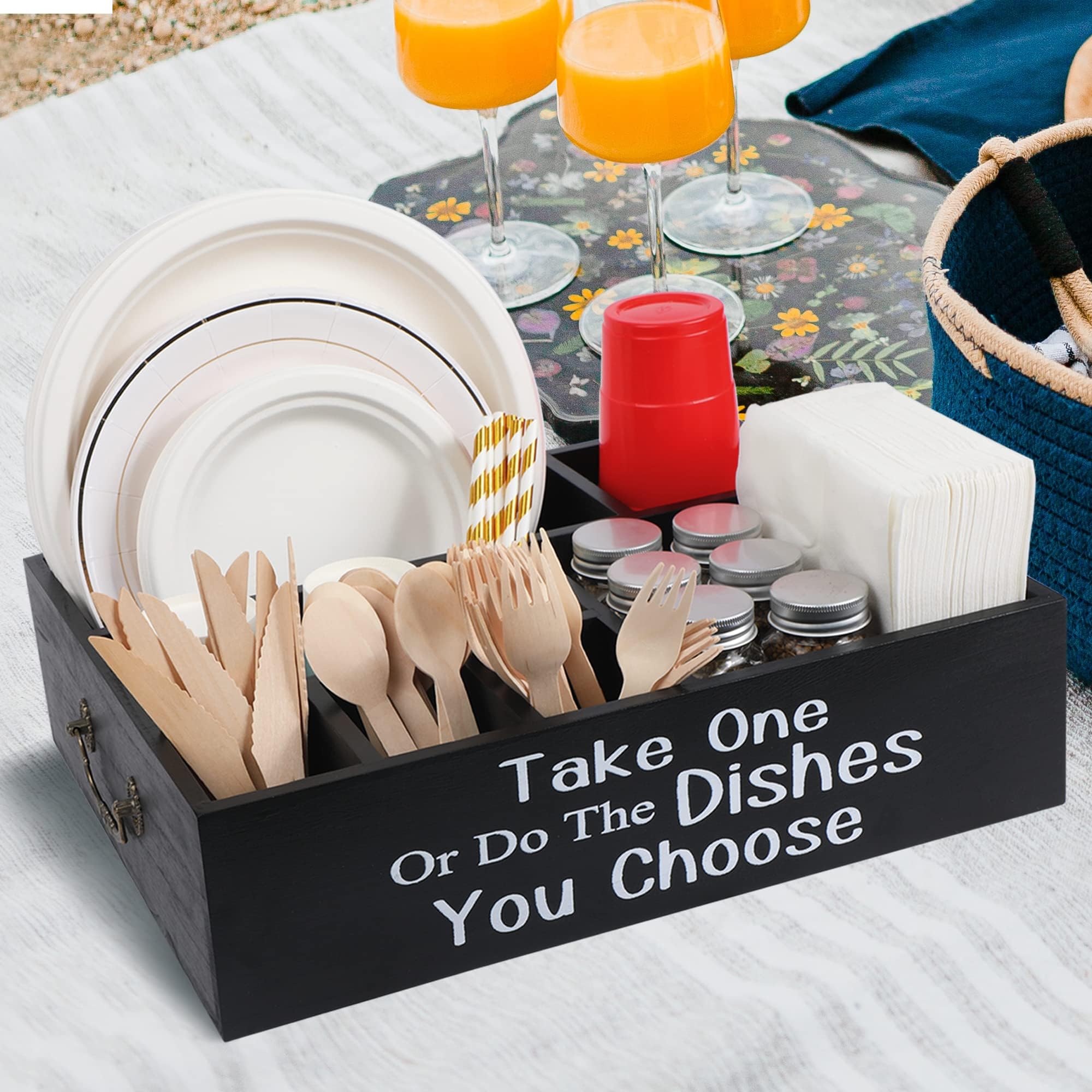 **Wooden Kitchen Utensil Organizer - Silverware Caddy for Forks, Spoons, Cups & Napkins - Countertop Storage Holder with Paper Plate Dispenser - Perfect for Party, Picnic & Dining Room Organization**