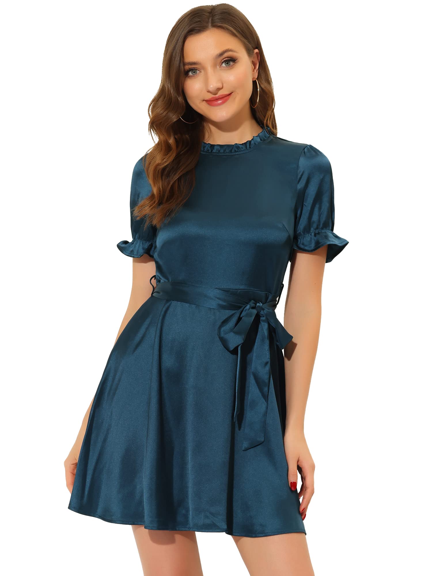 Allegra K Women's Elegant Satin Dress - Short Sleeve Tie Waist Business Casual Dress for Work & Cocktail Parties | Perfect for Office, Dinner Dates & Special Occasions