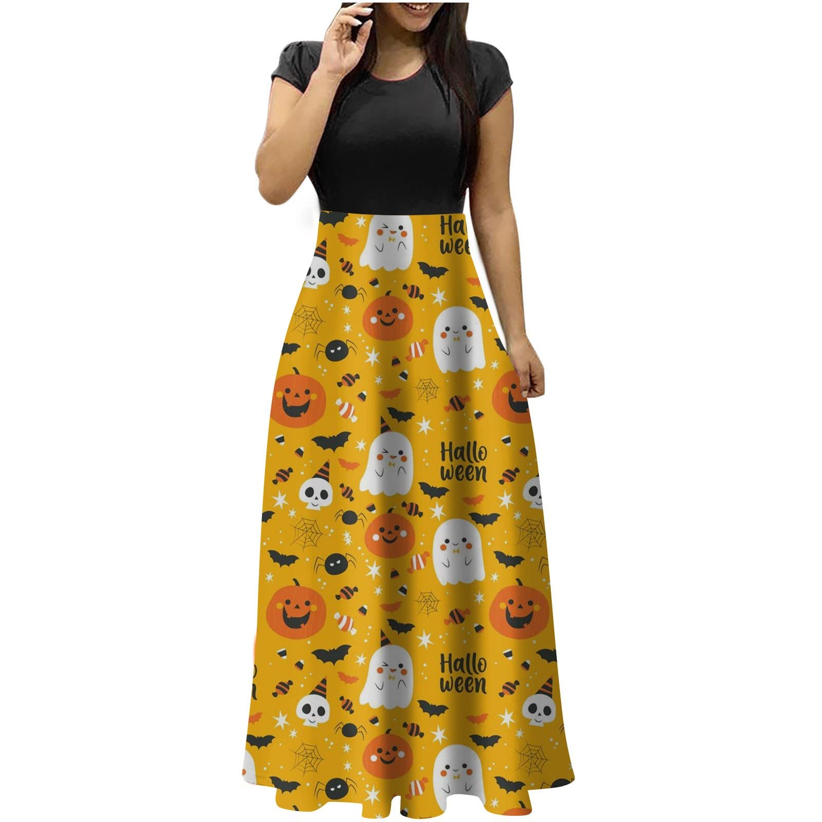 STAOEDU Women's Floral Print Patchwork Maxi Dress - Short Sleeve Round Neck Solid Color Tunic Dress for Autumn & Halloween | Perfect for Parties, Date Nights & Casual Outings