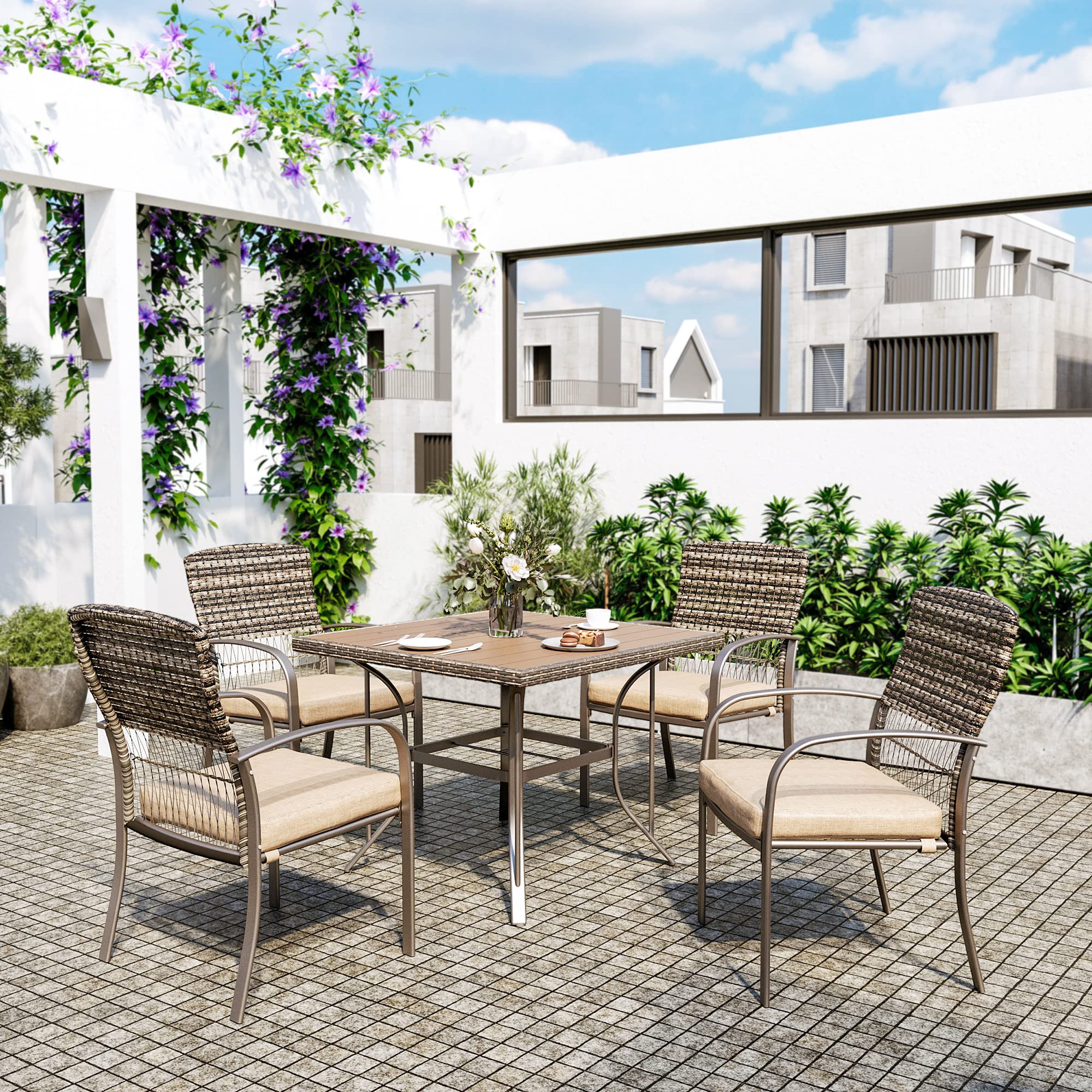 Pamapic 5-Piece Outdoor Patio Dining Set - Weather-Resistant PE Rattan Table & Chairs with Comfortable Cushions - Easy to Maintain Beige Furniture for Garden, Backyard, Poolside & Terrace