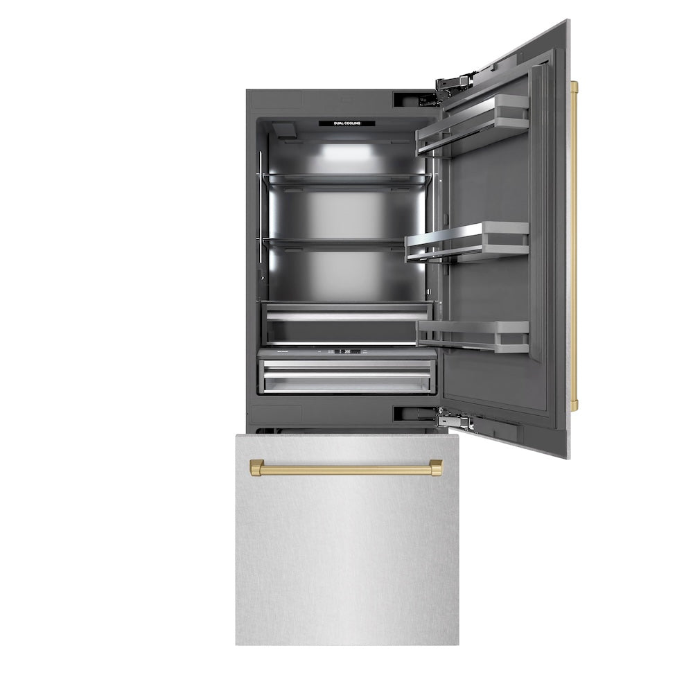 ZLINE GRBIVZ SN 30 CB 30-Inch Built-In Bottom Freezer Refrigerator - 16.1 cu.ft Capacity, Satin Stainless Steel Exterior with Graphite Gray Interior & Champagne Bronze Accents - Water Dispenser & Ice Maker - Perfect for Modern Kitchens & Open-Concept Homes
