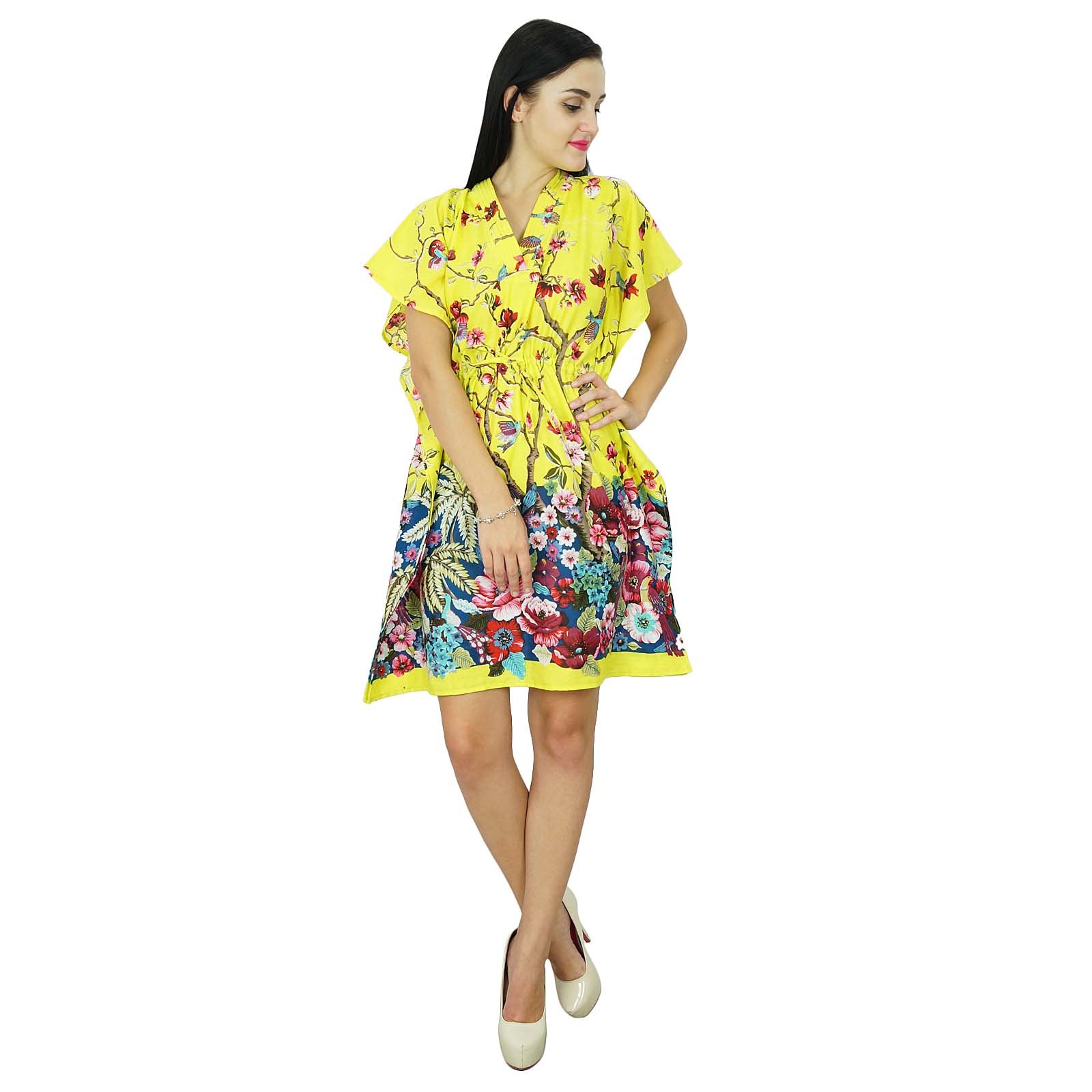 Bimba Women's Floral Kaftan Dress - Cotton Beach Cover Up Short Caftan for Summer Vacation, Pool Party & Boho Outfit