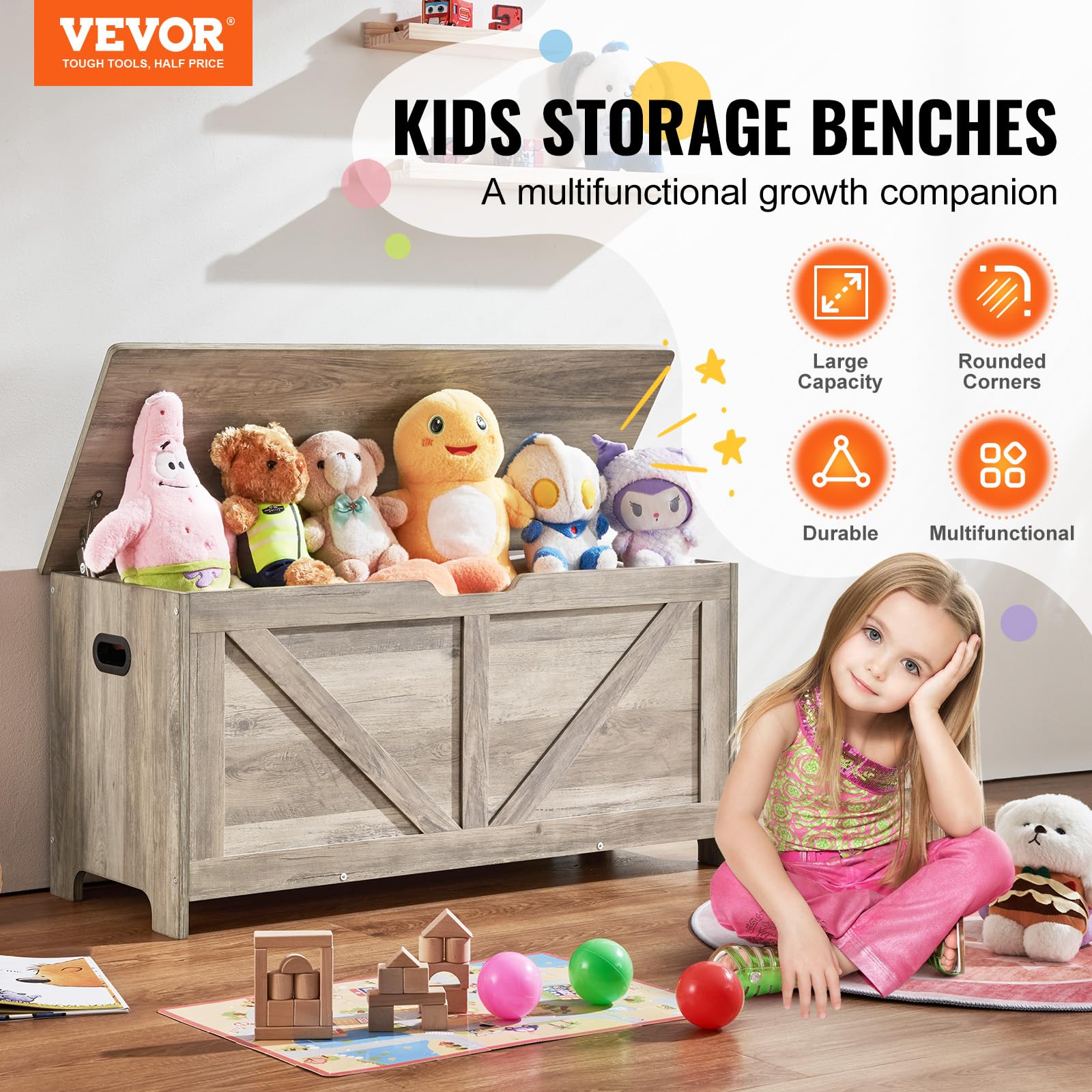 VEVOR Wooden Toy Storage Box for Kids & Toddlers - Large 38.98 x 15.55 x 18.9 Inch Flip-Top Toy Chest with Safety Hinge - Multifunctional Storage Bench for Playroom, Bedroom, Nursery or Living Room - Perfect for Organizing Toys, Books and Kids' Belongings (Gray)
